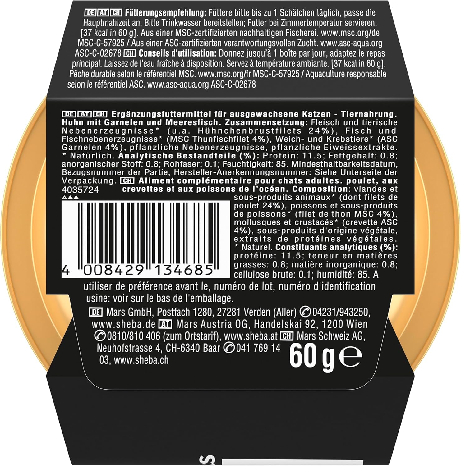 SHEBA Filetti Adult Katzenfutter in Salsa con Pollo, Hochseefisch und Garnelen 16 x 60g Conchiglia