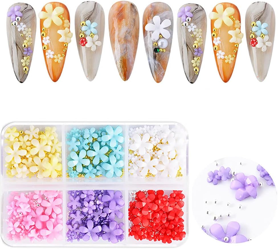 Unghie floreali 3D, 6 griglie, ciondoli per unghie floreali, strass per unghie acrilici, accessori per unghie, decorazioni per unghie primaverili fai da te