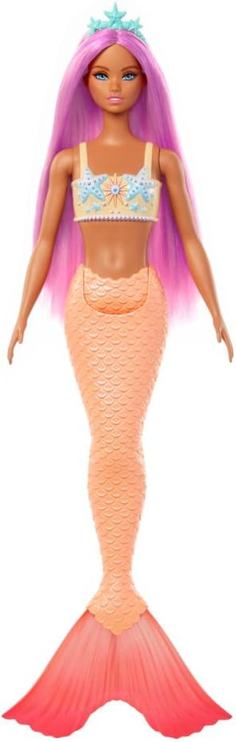 Barbie Sirena con capelli rosa fantasia e fascia per capelli, bambola con testa di stella marina e morbida pinna caudale arancione, HRR05