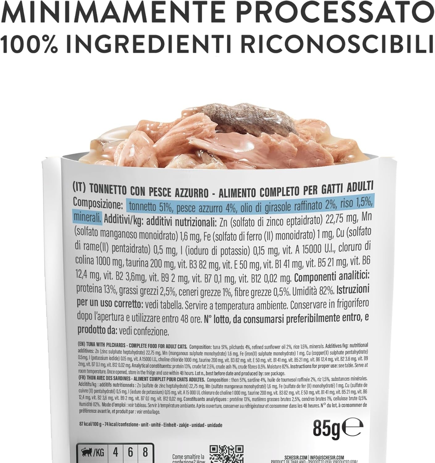 , Tonno con pesce azzurro in gelatina, alimento umido completo per gatti, in busta, con aggiunta di vitamine, 100% naturale, 6 x 85 g