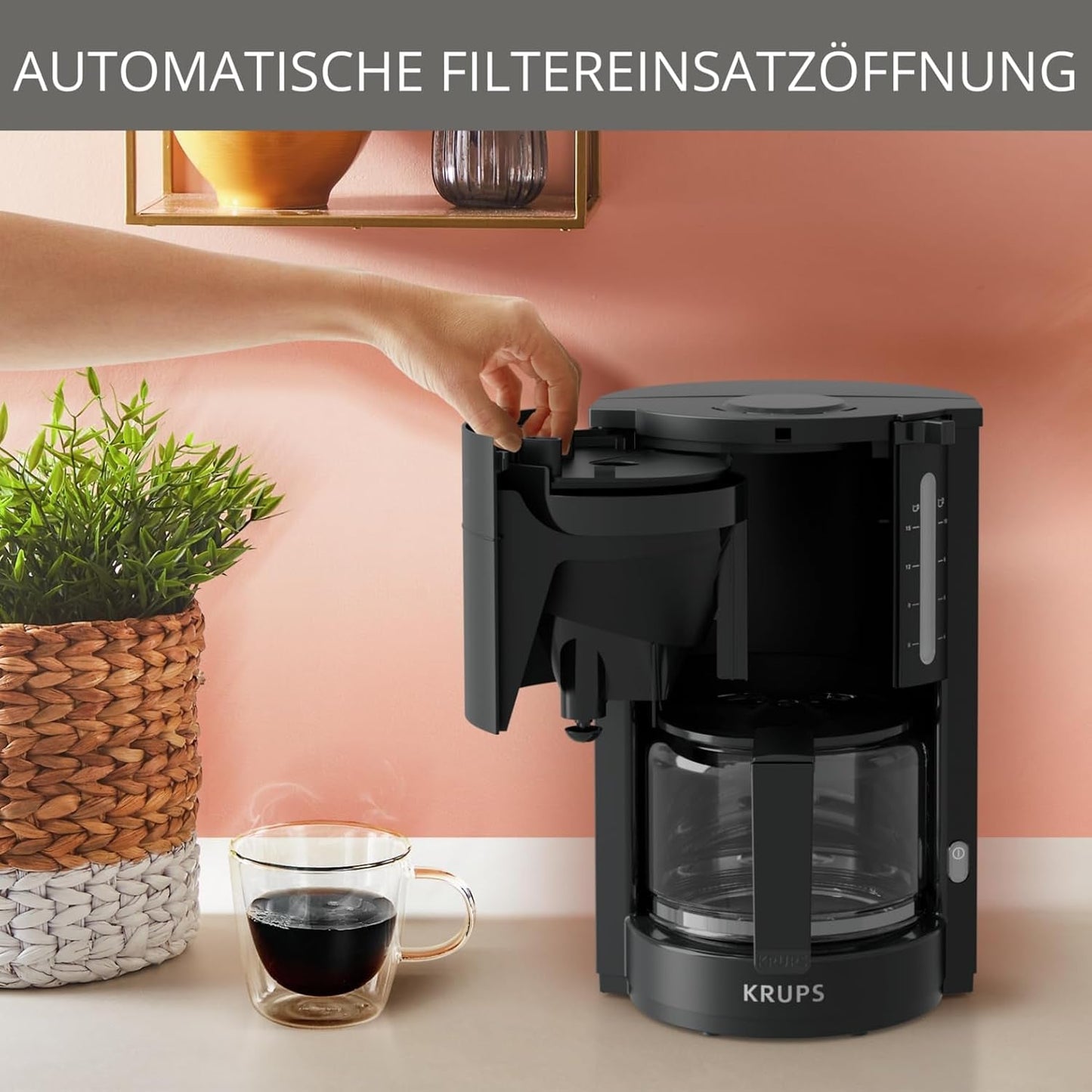 Macchina per caffè espresso Krups F30908 ProAroma con filtro e caraffa in vetro, capacità 1,25 l, 10-15 tazze, 1050 W, nera