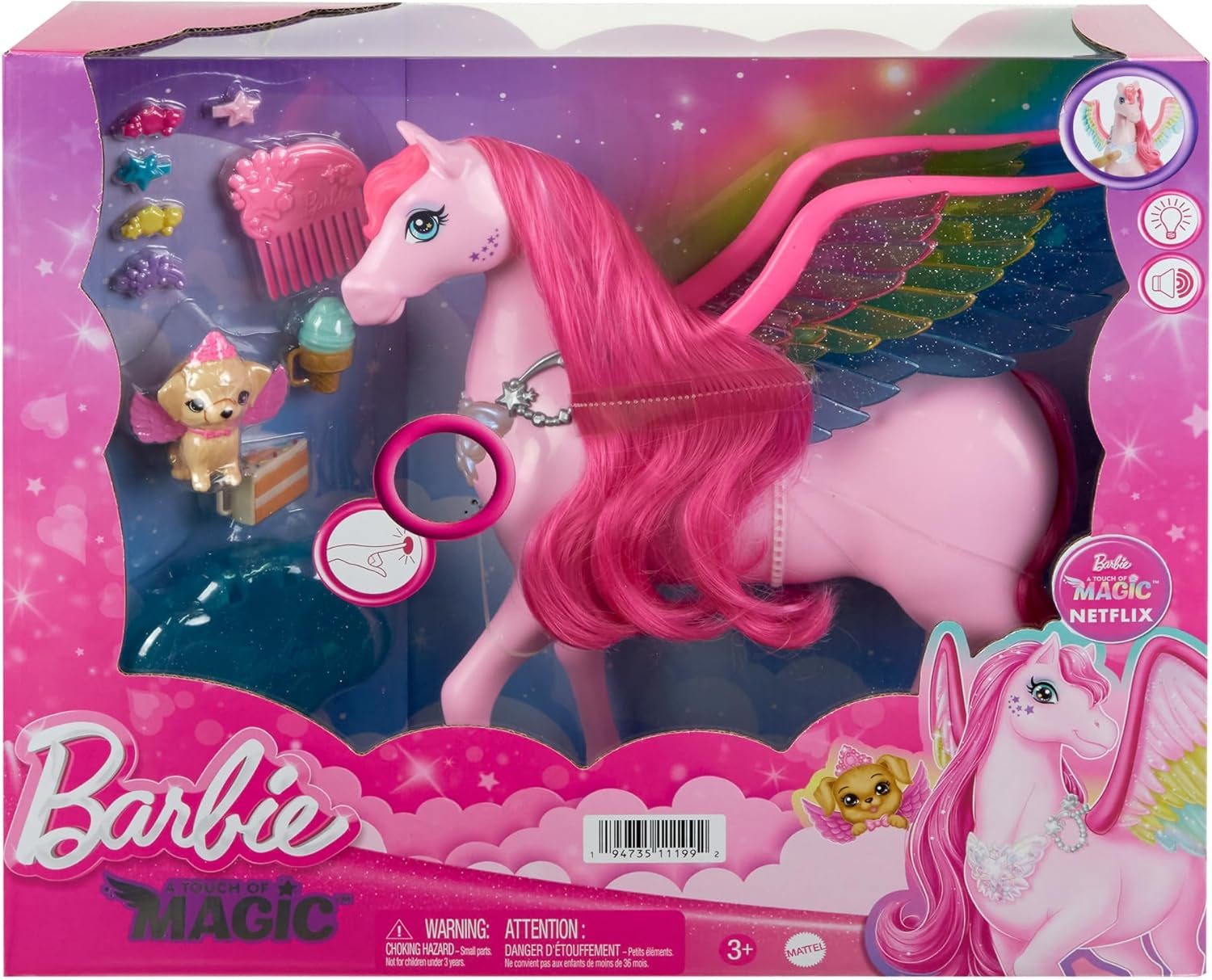 Barbie Pegasus Magic Hide and Seek - Giocattolo interattivo con luci e suoni, 10 accessori, Ali arcobaleno, dai 3 anni in su, HLC41