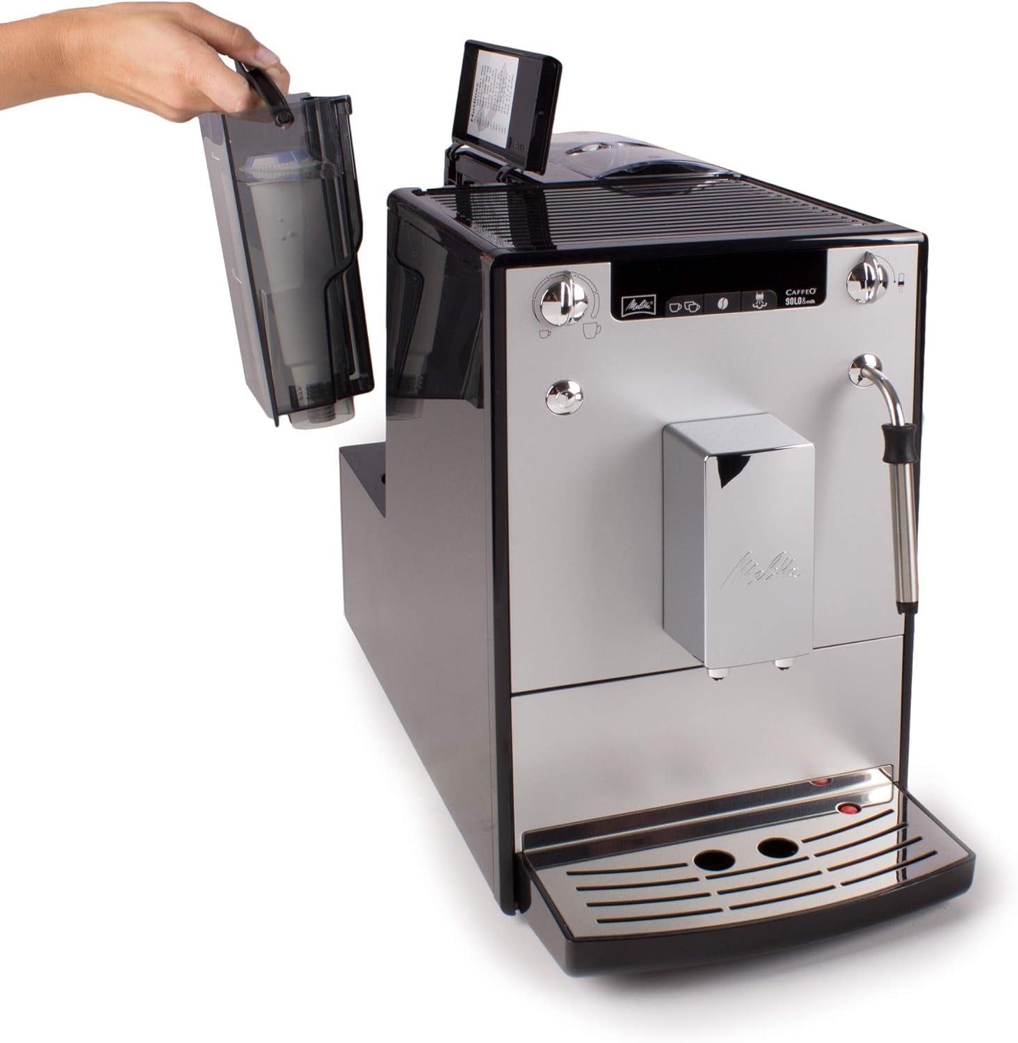 Melitta Solo & Milk - macchina da caffè slim completamente automatica con montalatte, macchina da caffè con serbatoio dell'acqua rimovibile, ad es. caffè o cappuccino, argento