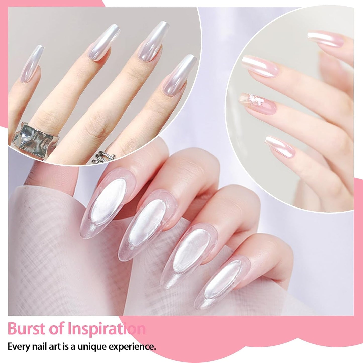 White Pearl Chrom Nagel Pulver, Irisierendes Aurora Pulver Metallic Spiegel Effekt Glitter Pulver Pearlescent Eis Transparent Meerjungfrau Pigment Perle Glitter Staub für Nail Art Dekoration