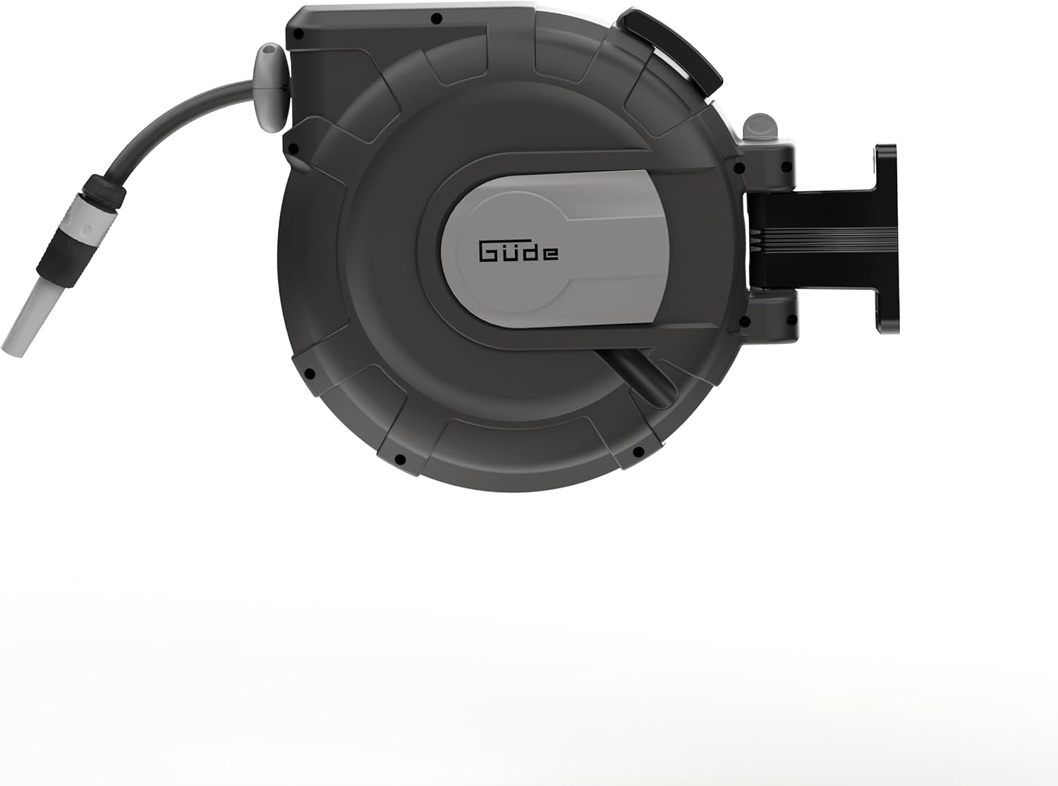 Avvolgitubo automatico Güde 30-2-2 1/2 (rotazione di 180°, per montaggio a parete, tubo da 30 m, getto d'acqua, supporto a parete, retrazione automatica, arresto retrazione, maniglia di trasporto, 2 attacchi rapidi)