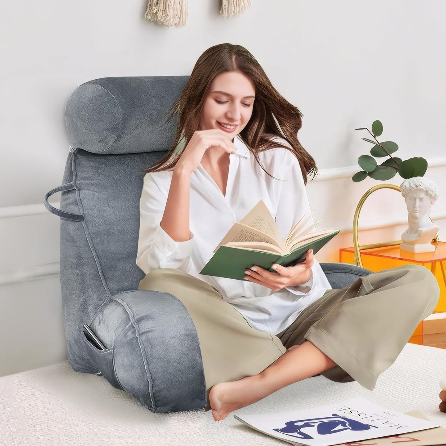 Cuscino da lettura XL per letto e divano con paranuca staccabile, cuscino per la schiena ideale per adulti con memory foam per leggere, lavorare, giocare, guardare la TV, rilassarsi (Grigio)