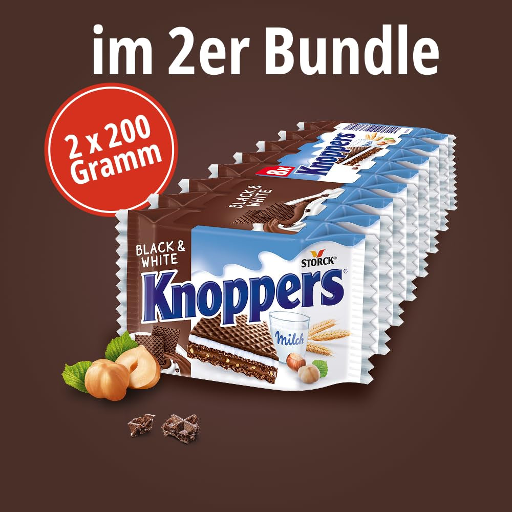 Bianco e Nero – 2 x 200g (2 x 8 pezzi) – Fette di wafer ripiene di wafer al cacao fondente, pezzetti di pasta nera, crema al latte e torrone