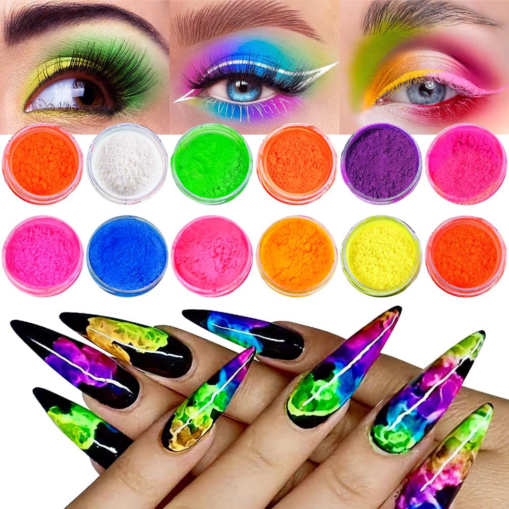 Neon Phosphor Pigment Pulver Per Nägel Lidschatten - 12 colori Neon Nagel Glitzer Augenpulver Maniküre Halloween Neon Make-Up Dekoration Nail Art Staub Pigment