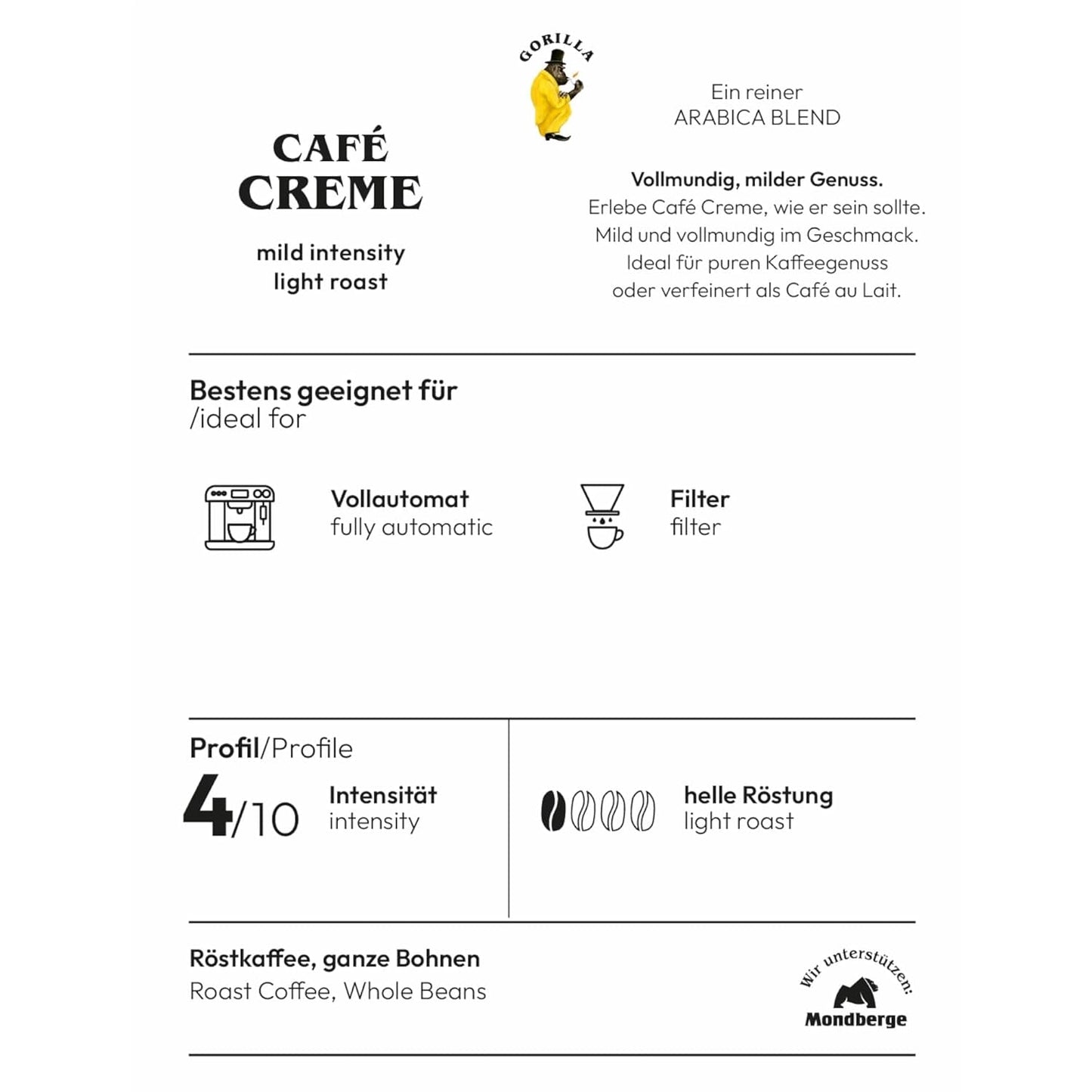 Gorilla Café Creme 6x 1000g | 100% Arabica tradizionale-Bohnen | Ideale Volllautomaten Crema Aroma armonico | geriger Koffeingehalt helle Röstung | Vorratspackung