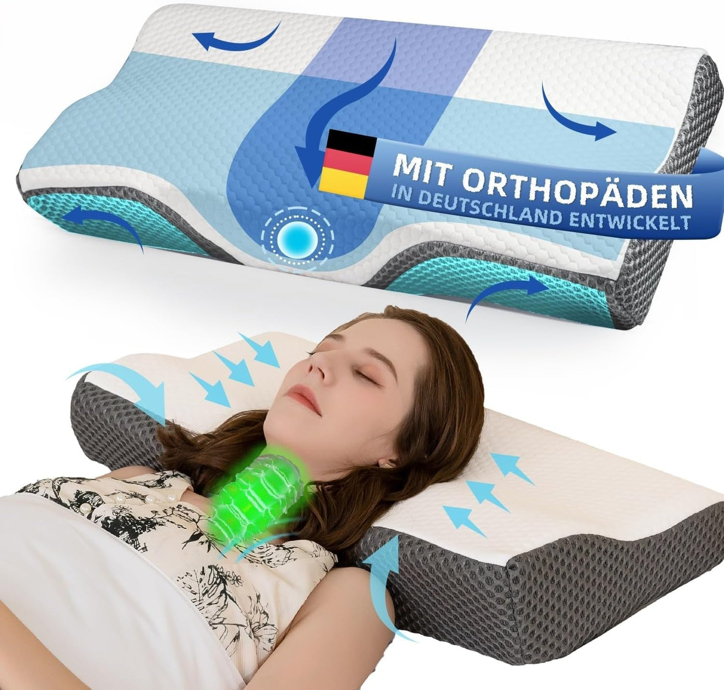Cuscino per dolore al collo, cuscino ergonomico ortopedico per il collo, cuscino in memory foam per addome laterale posteriore, cuscino antirussamento per uomini e donne (62 * 34,5 * 12/8 CM) Cuscini ortopedici cervicali Naty Shop Default Title