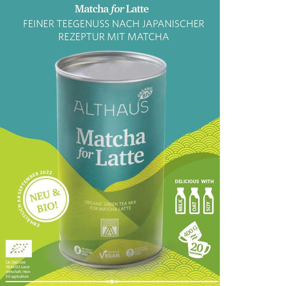 Matcha per latte Miscela di tè verde con zucchero di canna, 400 g, vegano, per 20 porzioni