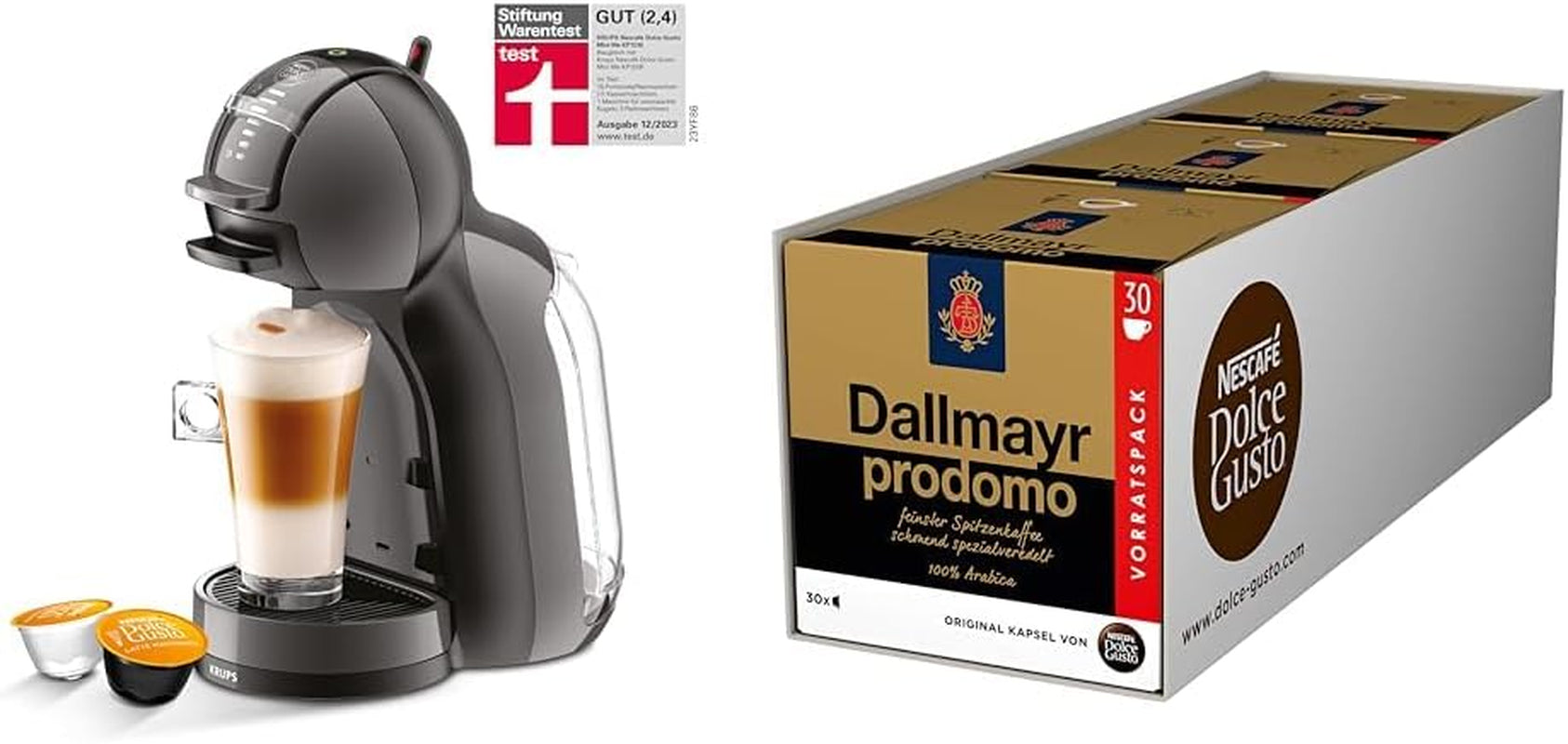 NESCAFÉ DOLCE GUSTO Krups KP1238 Mini Me Macchina per caffè a capsule, 15 Bar, Compatta, Macchina per caffè ad alta pressione, Oltre 30 creazioni di caffè, Formato della bevanda a scelta, Nero/Antracite mit Dallmayr Prodomo