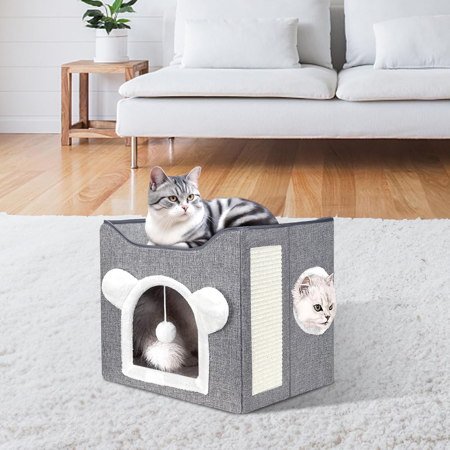 Katzenbetten für Indoor Katzen, Faltbares Katzenhaus, Katzenhöhle 2 Schicht Würfel Großer Raum Katzenbett mit Kratzbrett und Spielball, 15.8 x 15.8 x 15 pollici
