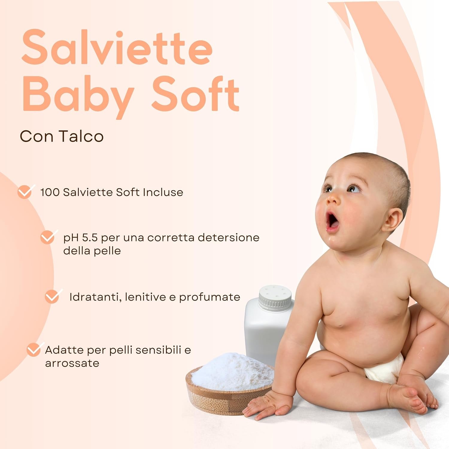 Salviette per neonati con talco per pelli sensibili, senza alcool, delicate sulla pelle, pH 5,5, leggermente profumate, 1200 unità (confezione da 12)