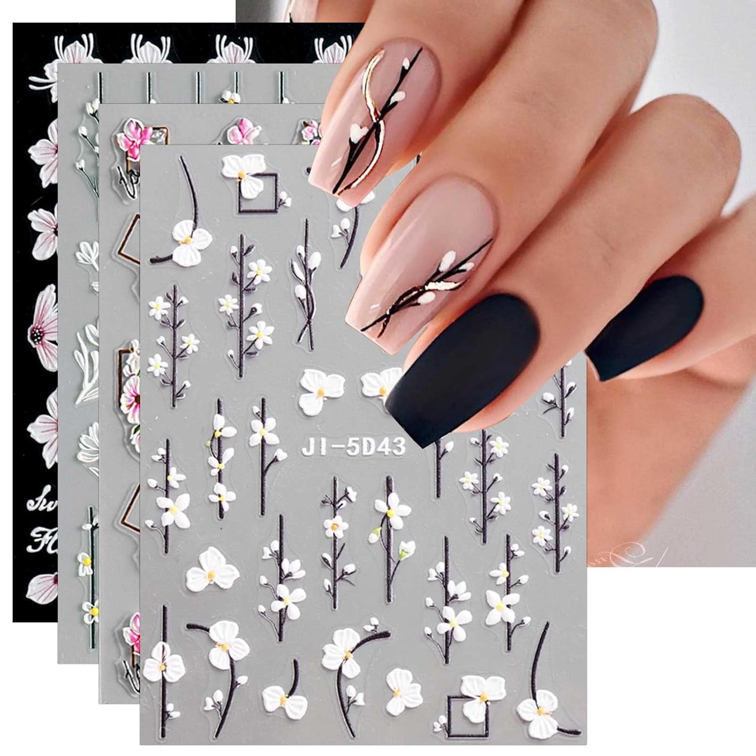 JMEOWIO 3D Nagelsticker Frühling Blume Nail Art Sticker Selbstklebend Nagelaufkleber 5D Stereoscopic Buntes Sommer Blumen Dekoration Nageldesign Zubehör 4 Blatt