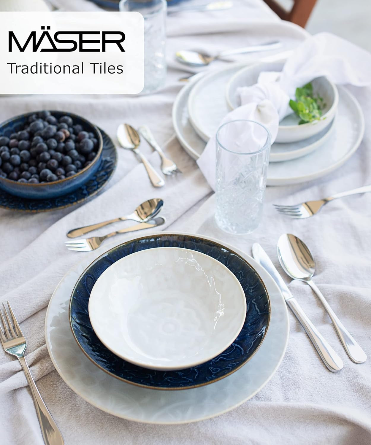 MÄSER 935079 Servizio da tavola moderno vintage per 2, design moresco, servizio da tavola da 8 pezzi, piatti e ciotole in ceramica di alta qualità, gres, bianco