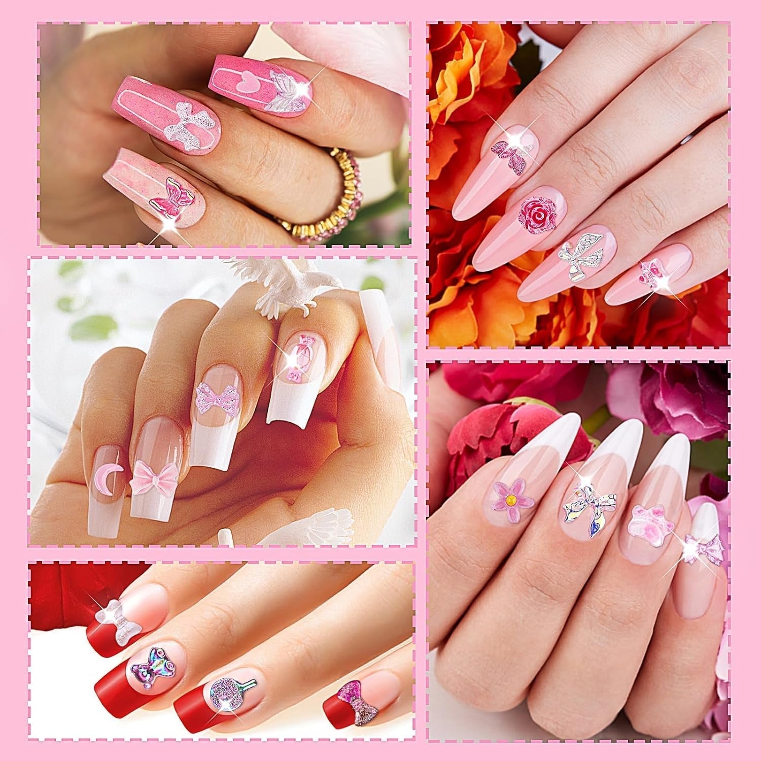 200 Pezzi Ciondoli per Nail Art Set di Decorazioni per Nail Art 3D Fiocco per Unghie Ciondolo Rosa Stile Misto Fiocco Fiore Orsacchiotto Lecca-lecca a Forma di Cuore Decorazione per Nail Art Artigianato Fai da Te Nail Design