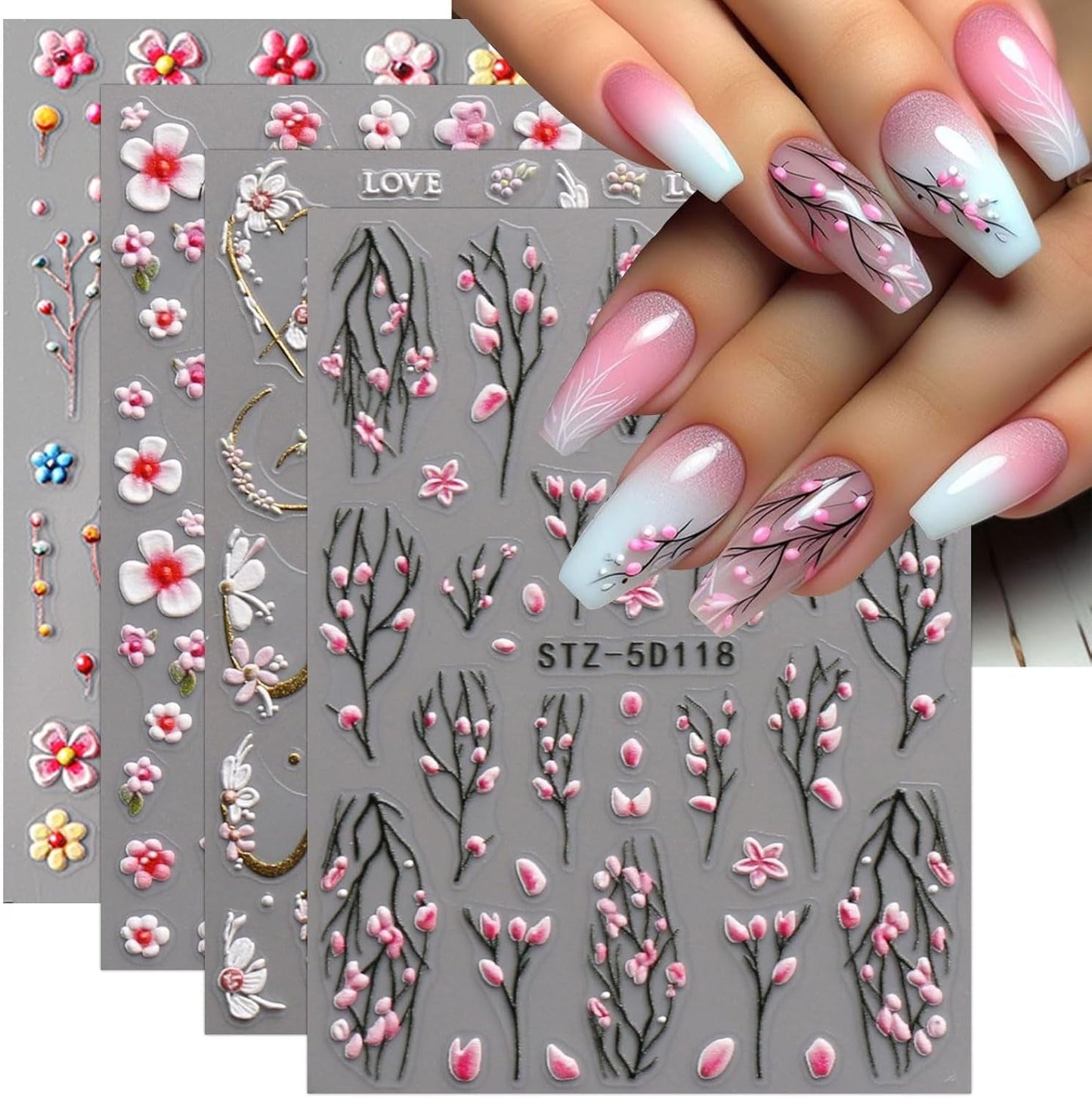 JMEOWIO 3D Nagelsticker Blume Nail Art Sticker Self-klebend Nagelaufkleber 5D Stereoscopico Frühling Sommer Floral Dekoration Nageldesign Zubehör 4 Blatt