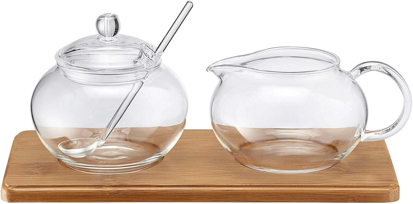 Set zucchero/crema in vetro con vassoio in bambù, 14580