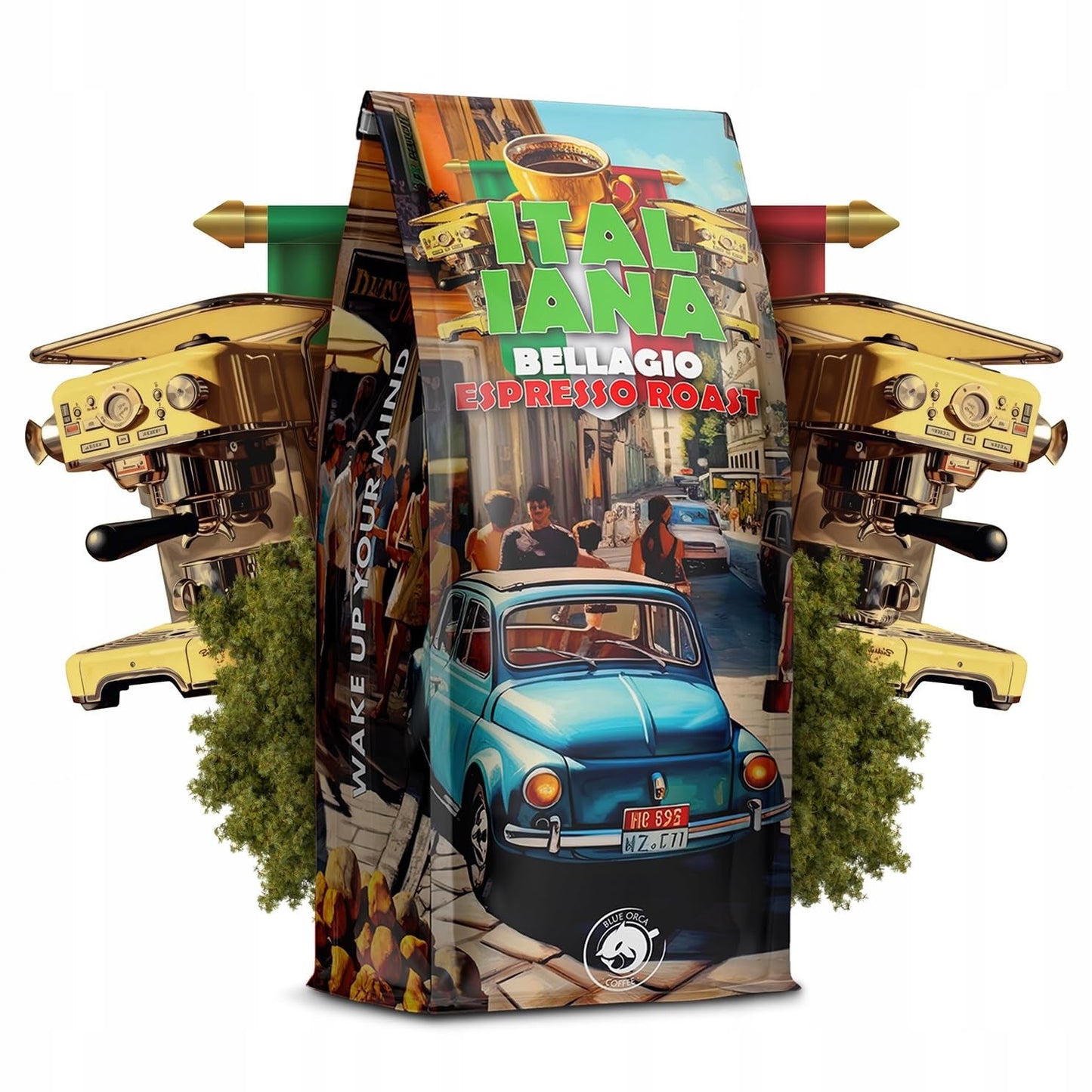 Caffè in grani tostati Italiana Bellagio 1kg | 80% Arabica e 20% Robusta | con sentori di frutta secca e cioccolato fondente | appena tostato, bassa acidità | per macchine da caffè | Caffè Orca Blu
