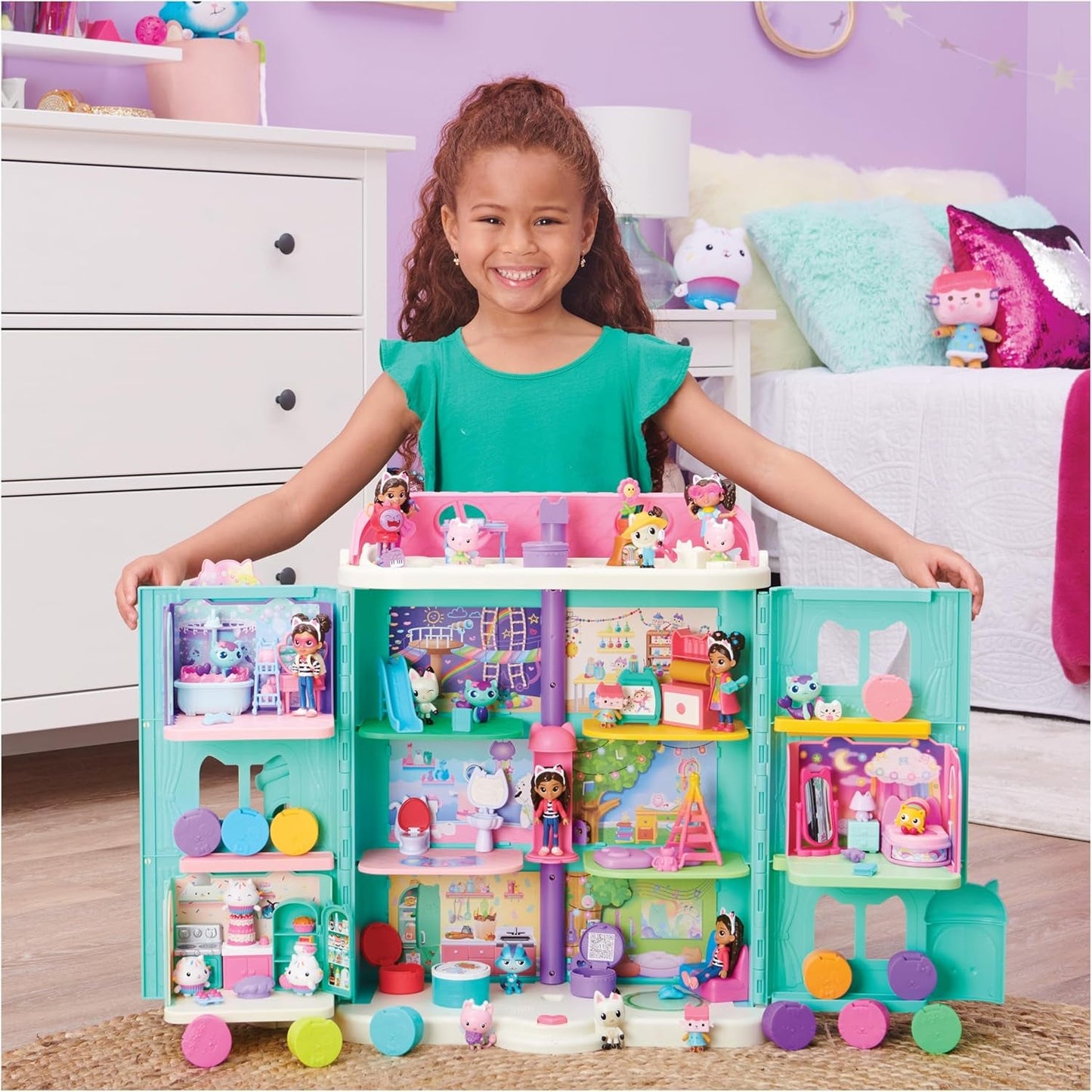 Camera Deluxe della casa delle bambole di Gabby, stanza dei gatti, mobili e 2 scatole a sorpresa con accessori a tema, adatta dai 3 anni in su