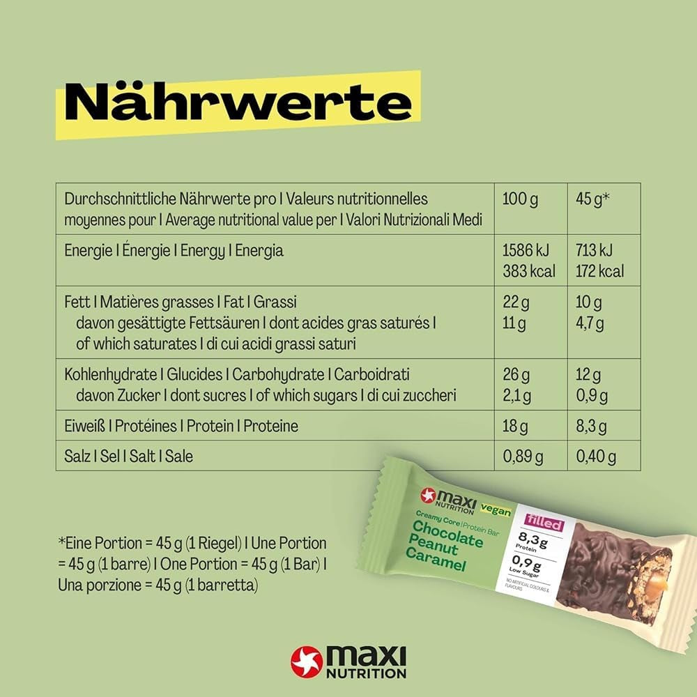 MaxiNutrition Barretta proteica vegana cremosa con cioccolato, arachidi e caramello 12x45g - barretta proteica vegana, 18% di proteine, 8,3 g per barretta, basso contenuto di zucchero (0,9 g), senza zuccheri aggiunti, senza aromi artificiali