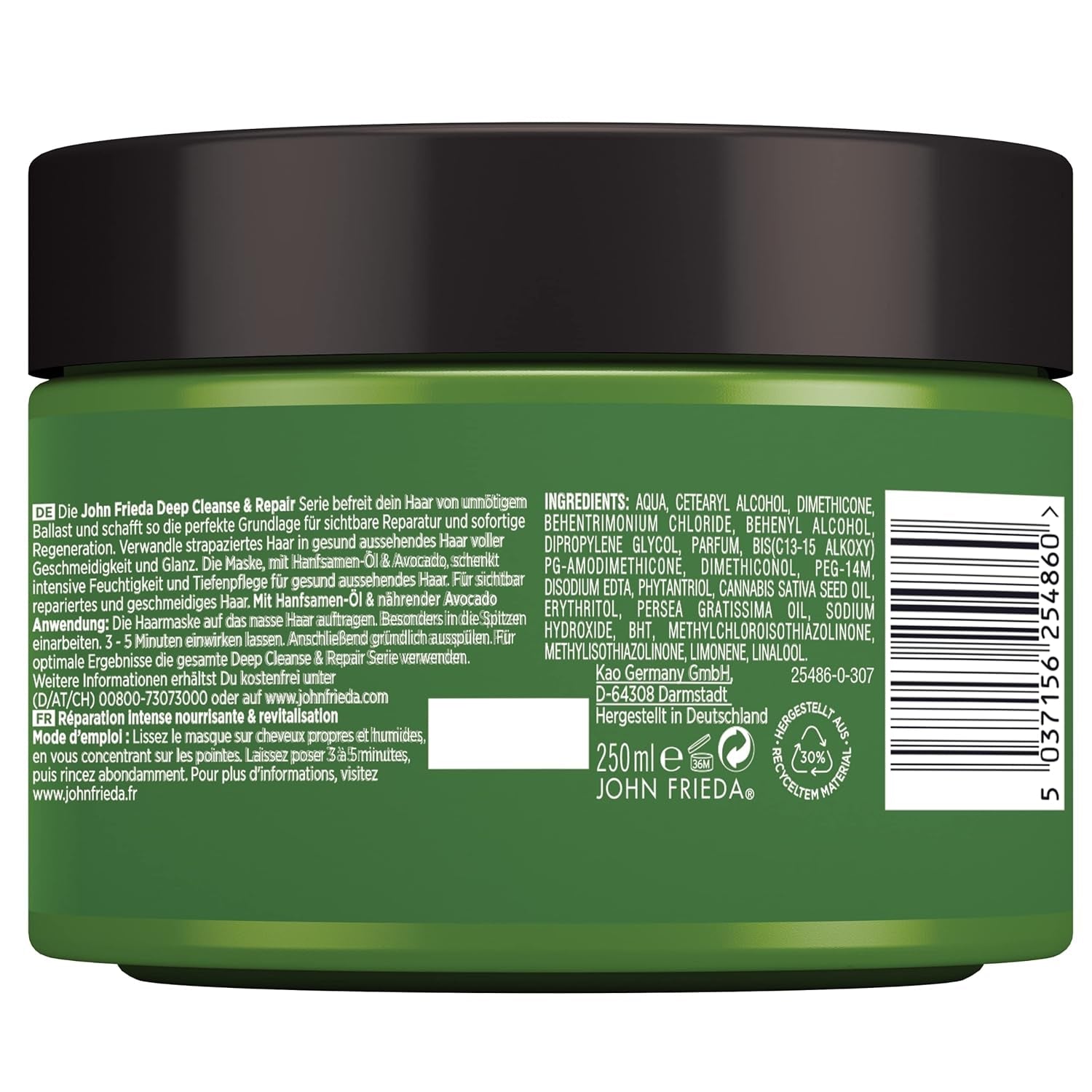 John Frieda - Maschera/Trattamento Deep Cleanse & Repair - Contenuto: 250 ml - Con olio di semi di canapa + avocado nutriente - Maschera lenitiva per capelli danneggiati Maschera per capelli Naty Shop