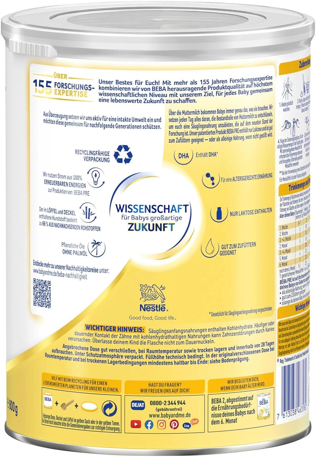 BEBA PRE Latte Iniziale dalla Nascita, Alimenti per Bambini con DHA, Solo Lattosio, Senza Olio di Palma, Confezione 3 (3 x 800g) Naty Shop