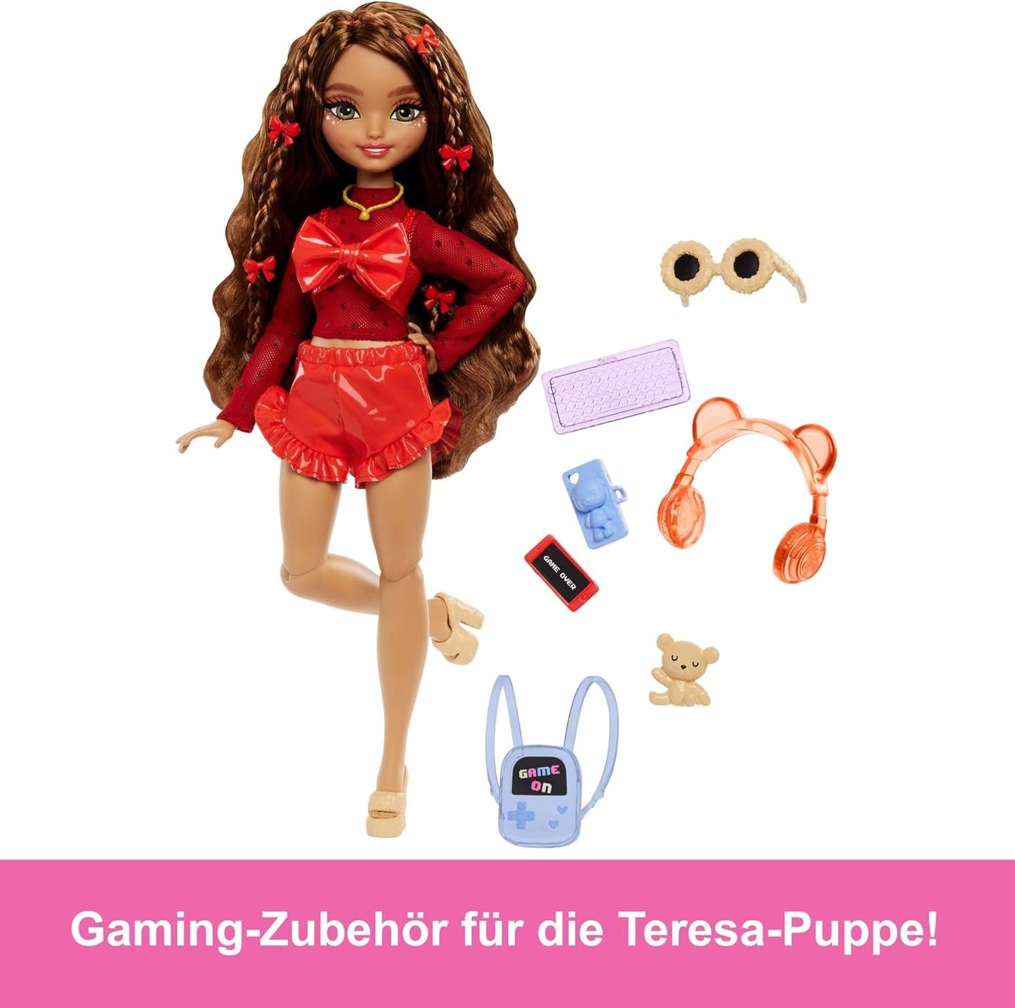 Barbie Dream Besties bambola e accessori, bambola alla moda Teresa mobile con capelli castani e fermagli per capelli, tema videogioco da 10 pezzi, bambole HYC23 Naty Shop