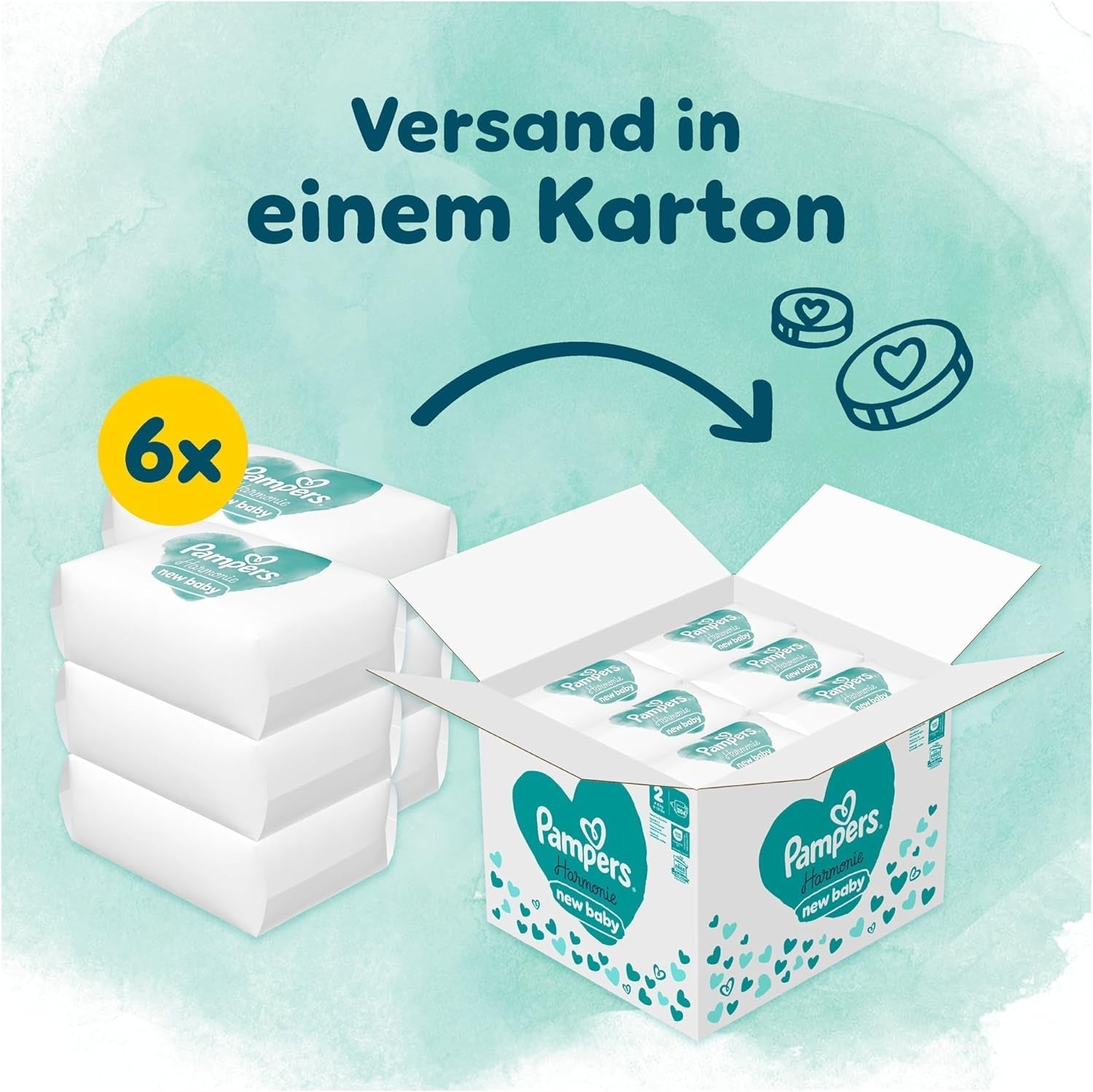 Pannolini Pampers Harmony taglia 2, 204 pannolini, 4kg-8kg, protezione delicata della pelle con protezione Pampers al 100%