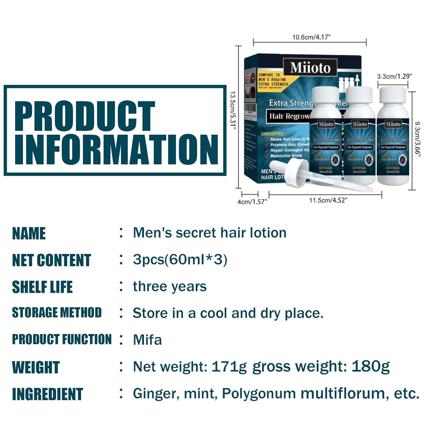 Miioto Siero per la crescita dei capelli Prodotto per la crescita dei capelli da uomo Crescita dei capelli Siero per capelli Cura del cuoio capelluto Promuovere capelli più spessi Nutrire il cuoio capelluto Prevenire la perdita dei capelli 3*60ML Cura dei capelli Naty Shop