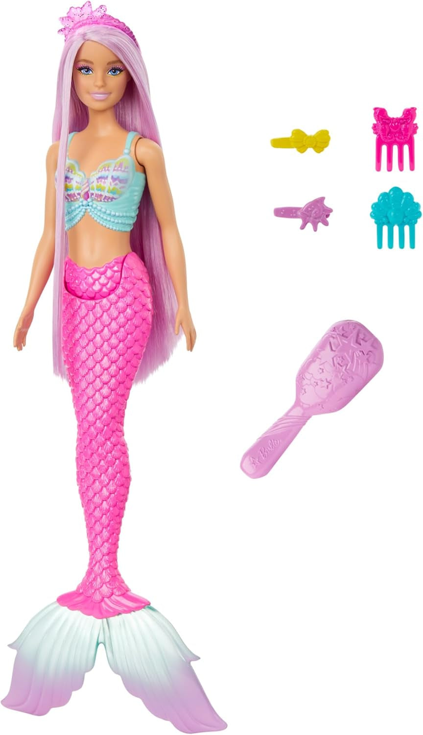 Barbie Sirena - con lunghi capelli rosa e accessori per lo styling personalizzati tra cui spazzola, graziosa conchiglia e pinne rosa, dai 3 anni in su, HRR00 Titolo predefinito Naty Shop Dolls