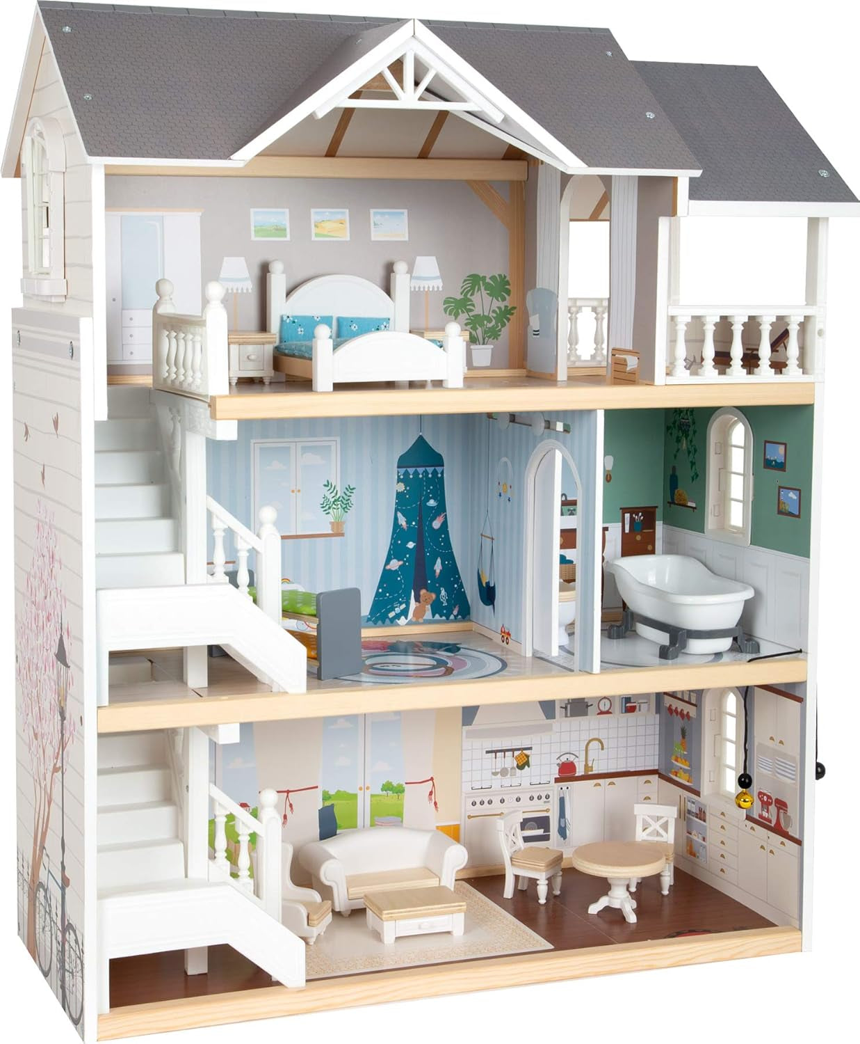 Casa delle bambole Small Foot Casa a schiera in legno a 3 piani con facciata aperta e 12 mobili per 3 anni e oltre 11802 Case delle bambole bianche e grigie Naty Shop Casa a schiera