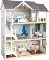 Small Foot Casa delle bambole in legno a 3 piani con apertura frontale e 12 mobili per bambini dai 3 anni in su 11802 Bianco Grigio