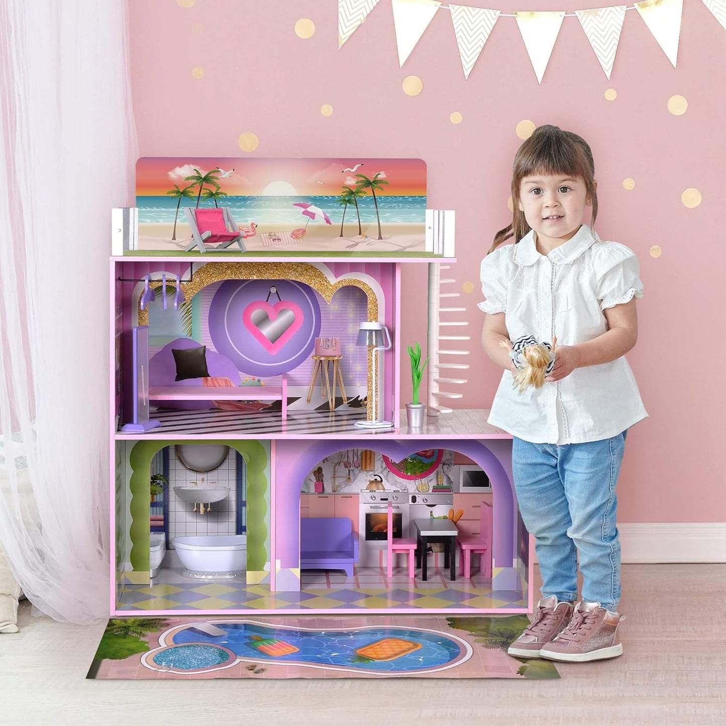 Olivia's Little World Big Dreamland Sunset Casa delle bambole interattiva in legno per bambini contemporanei 3 piani con 16 accessori per mobili per bambole Multi TD-13616A Case delle bambole Naty Shop