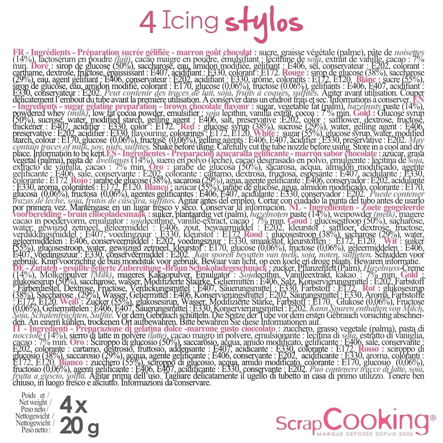 Scrapcooking - Pennarelli 4 pezzi: oro, cioccolato, bianco e rosso - penne commestibili decorative per scrivere e disegnare su dolci, torte e biscotti