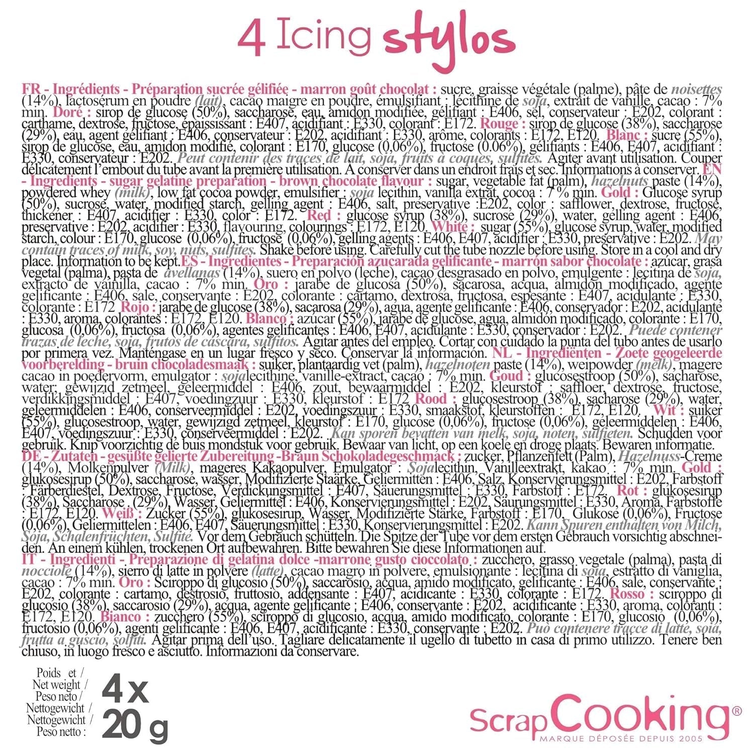 Scrapcooking - Pennarelli 4 pezzi: oro, cioccolato, bianco e rosso - penne commestibili decorative per scrivere e disegnare su dolci, torte e biscotti
