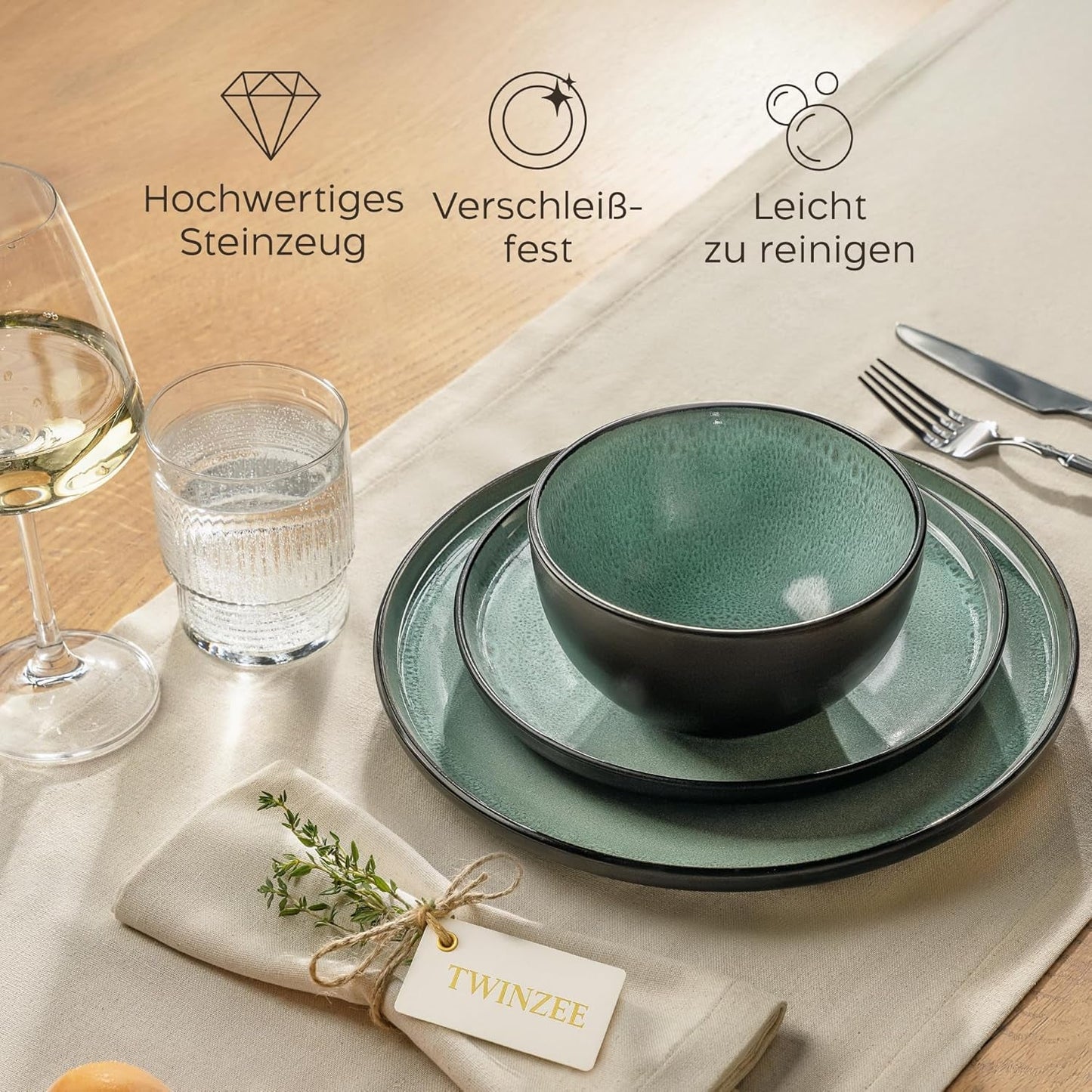 Twinzee Set di stoviglie in gres da 24 pezzi per 6 persone - Set di ciotole e piatti - Gres adatto al microonde - Collezione Riviera