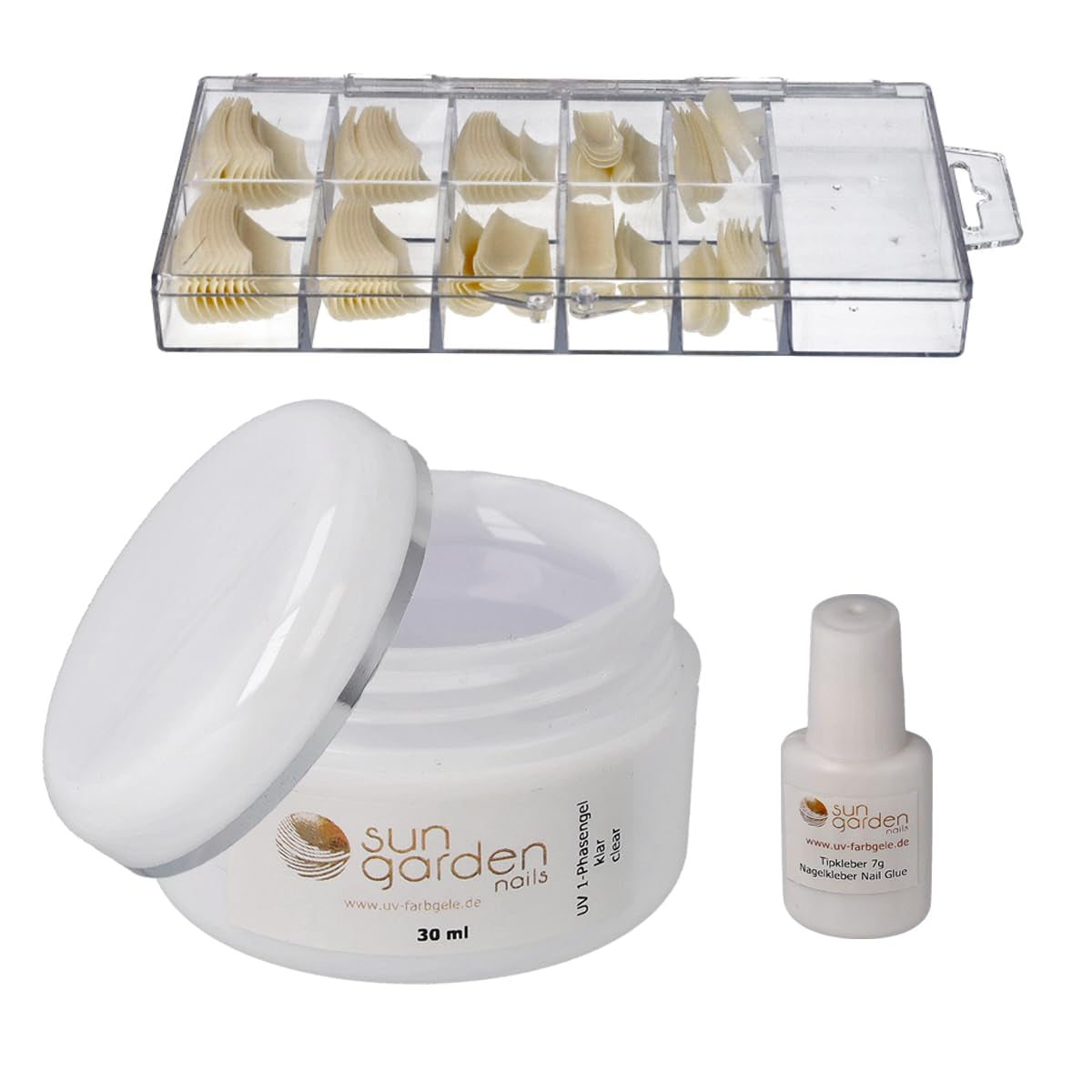 Sun Garden Nails gel trasparente monofasico 30ml + scatola da 100 tip + colla per tip 7ml