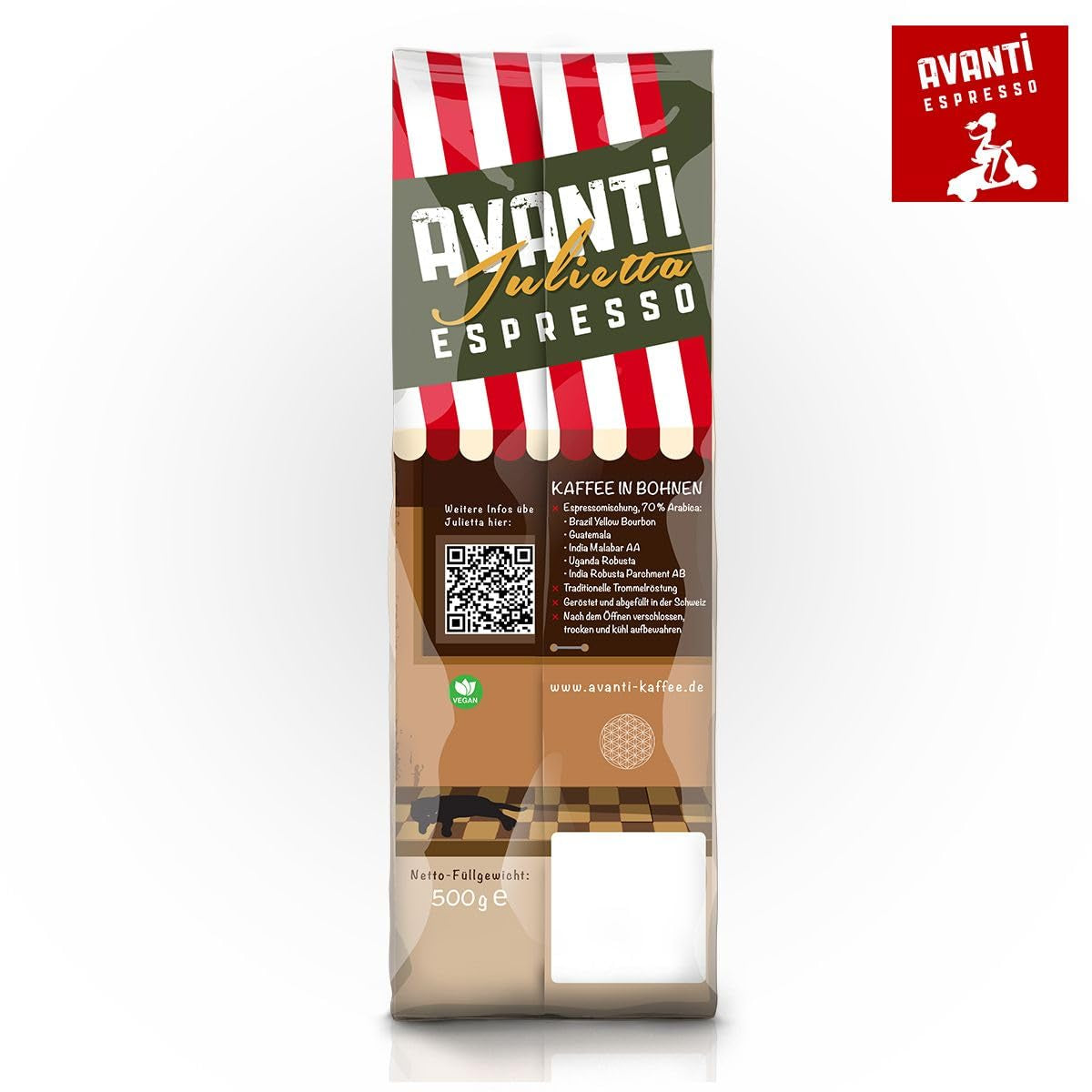 AVANTI Julietta Caffè espresso in grani, 500g, 70% Arabica 30% Robusta, tostatura tradizionale a tamburo