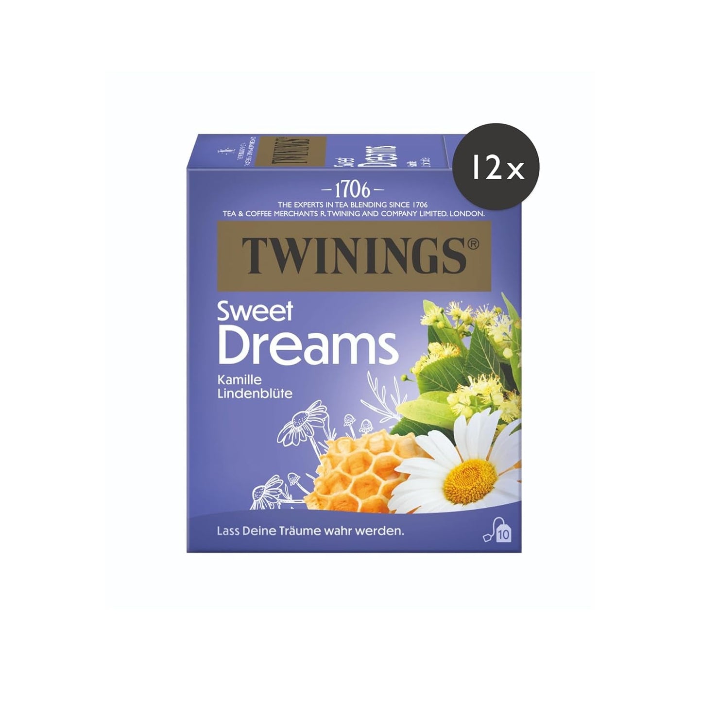 Twinings SWEET DREAMS Tè alla camomilla con miele, arancio e fiori di tiglio - Dolce miscela di tisane per il miglioramento naturale del sonno, confezione da 12 (10 bustine di tè ciascuna)
