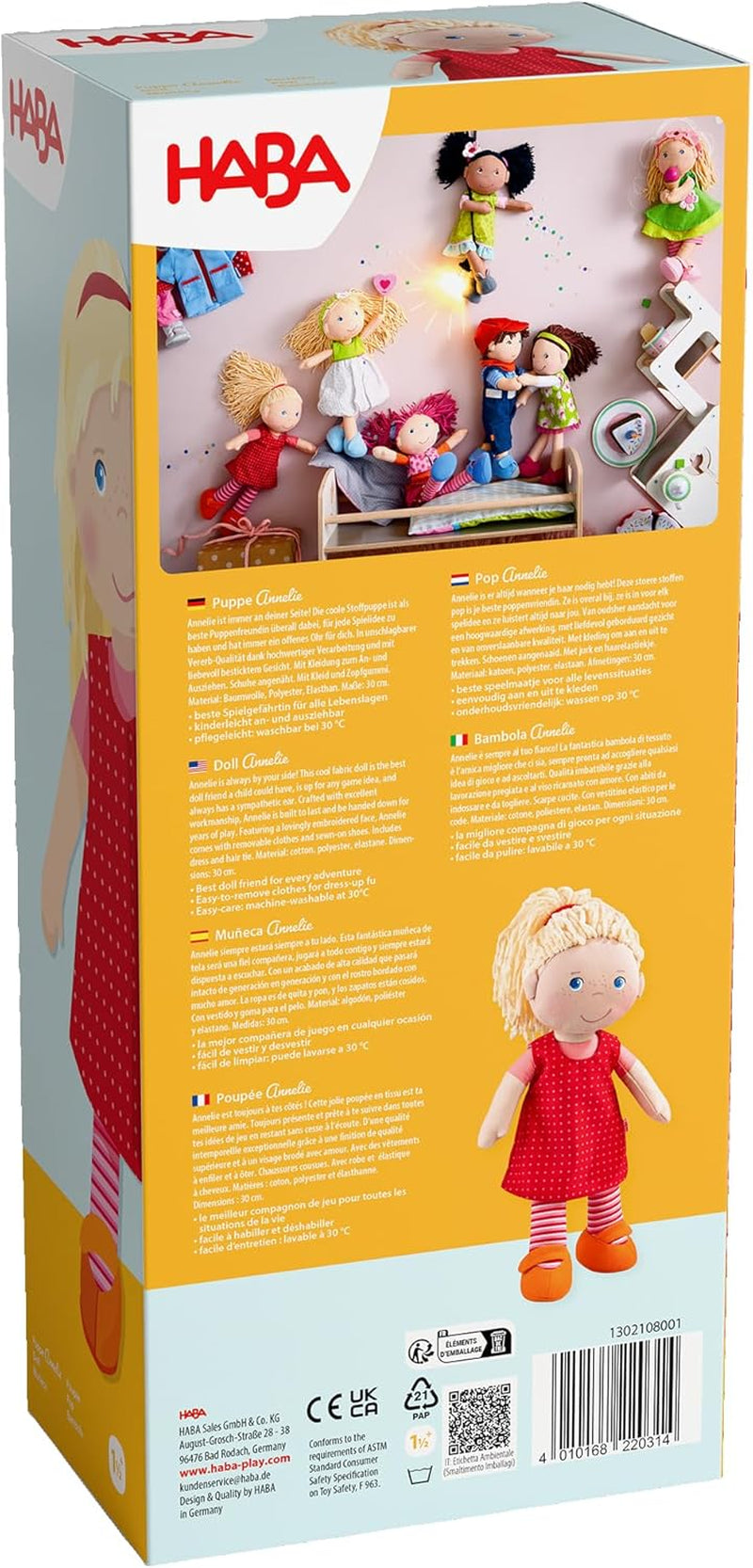 HABA 302108 - Bambola Annelie, bambola di stoffa con vestiti e capelli, 30 cm, giocattolo da 18 mesi, rosso Bambole Naty Shop