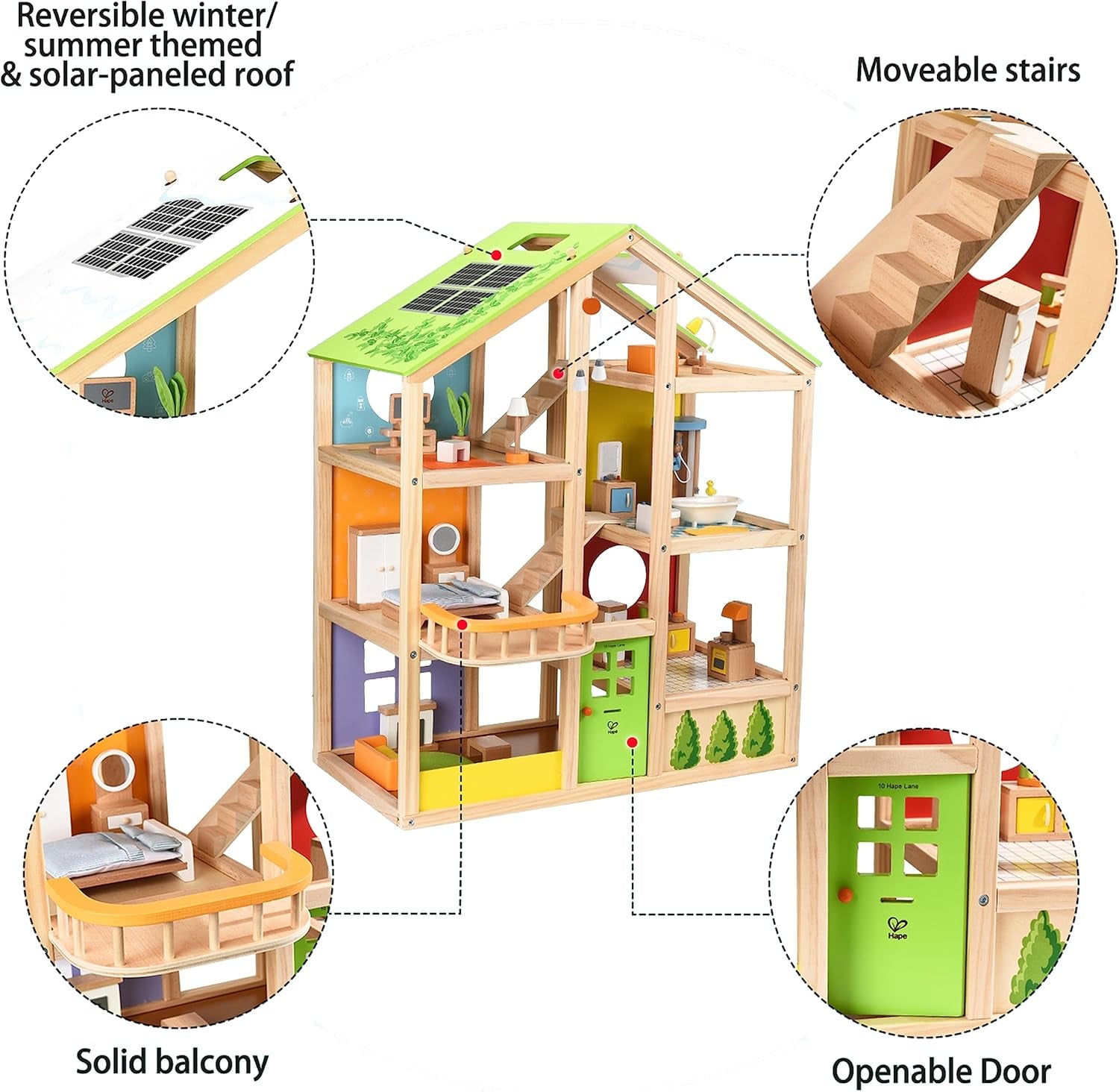 Casa delle bambole Hape Four Seasons - pluripremiata casa delle bambole in legno a tre piani con mobili, accessori, scale scorrevoli e tetto reversibile per tutte le stagioni, per bambini dai 3 anni in su