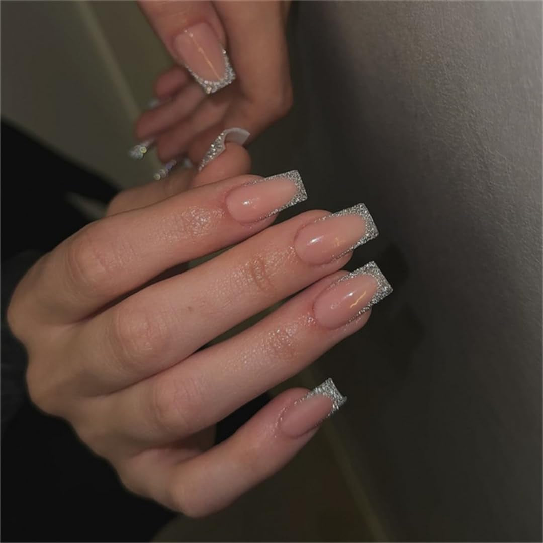 Punte francesi lunghe Colla glitter dorata su unghie lunghe quadrate Punta francese glitterata Unghie finte Set Unghie artificiali quadrate per le donne 24 pezzi