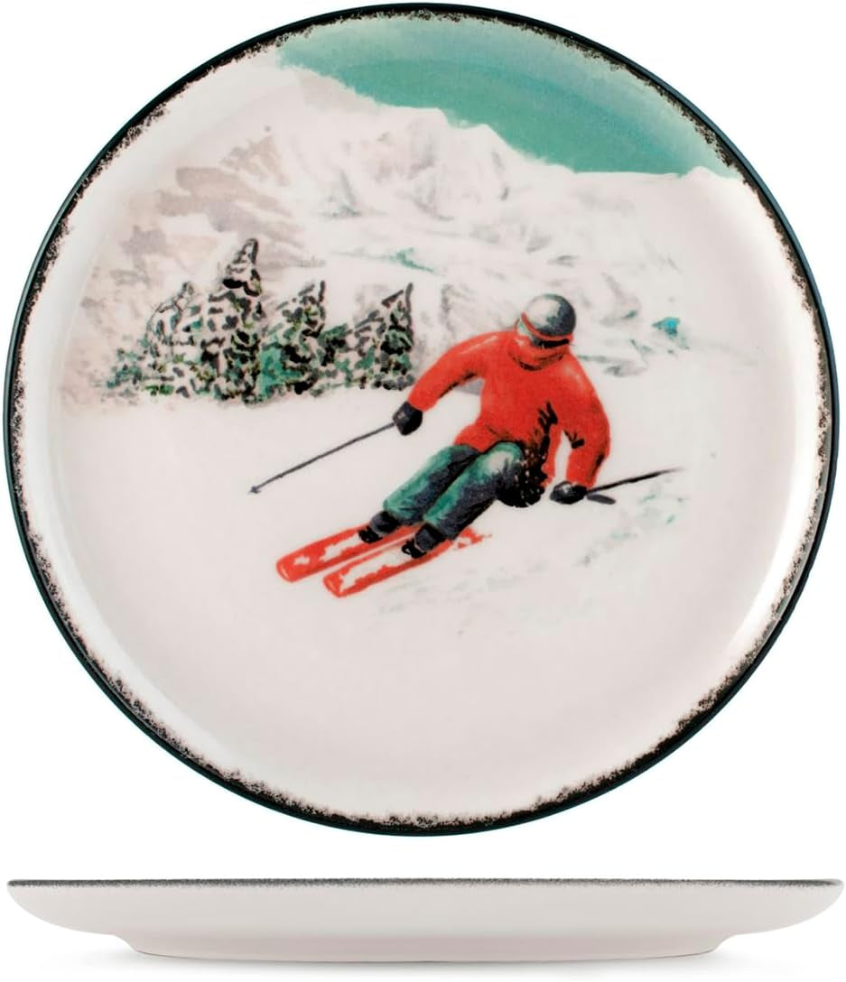 Winter Escape Set di stoviglie natalizie in gres da 12 pezzi - Design nordico da sciatore invernale - Lavabile in lavastoviglie e adatto al microonde