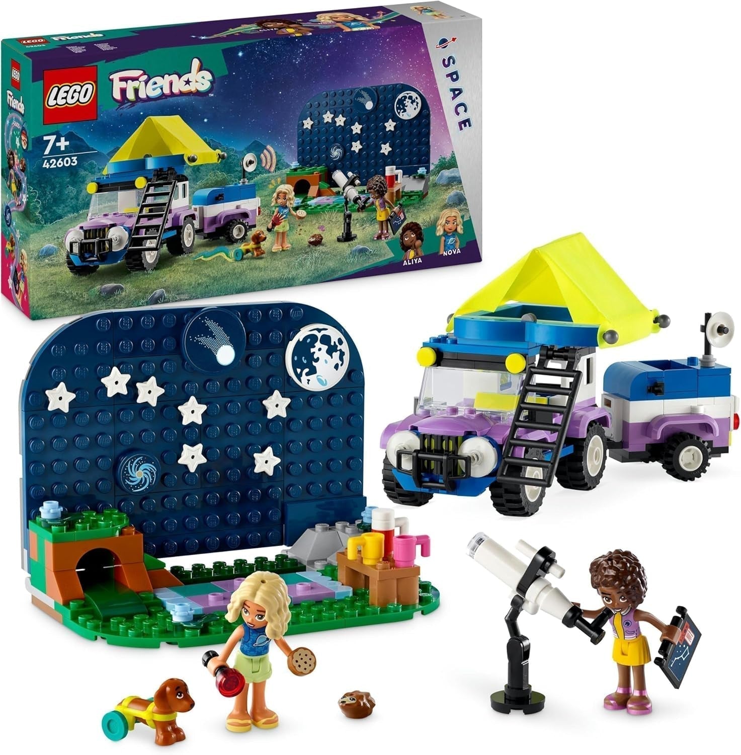 LEGO Friends Set veicolo da campeggio Stargazer con veicolo terrestre e telescopio giocattolo, regalo per ragazze e ragazzi a partire da 7 anni, include i personaggi di gioco Nova, Aliya e un cane 42603 Set di costruzione Besuche den LEGO-Store Single