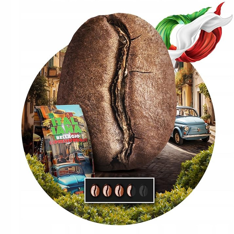 Caffè in grani tostati Italiana Bellagio 1kg | 80% Arabica e 20% Robusta | con sentori di frutta secca e cioccolato fondente | appena tostato, bassa acidità | per macchine da caffè | Caffè Orca Blu