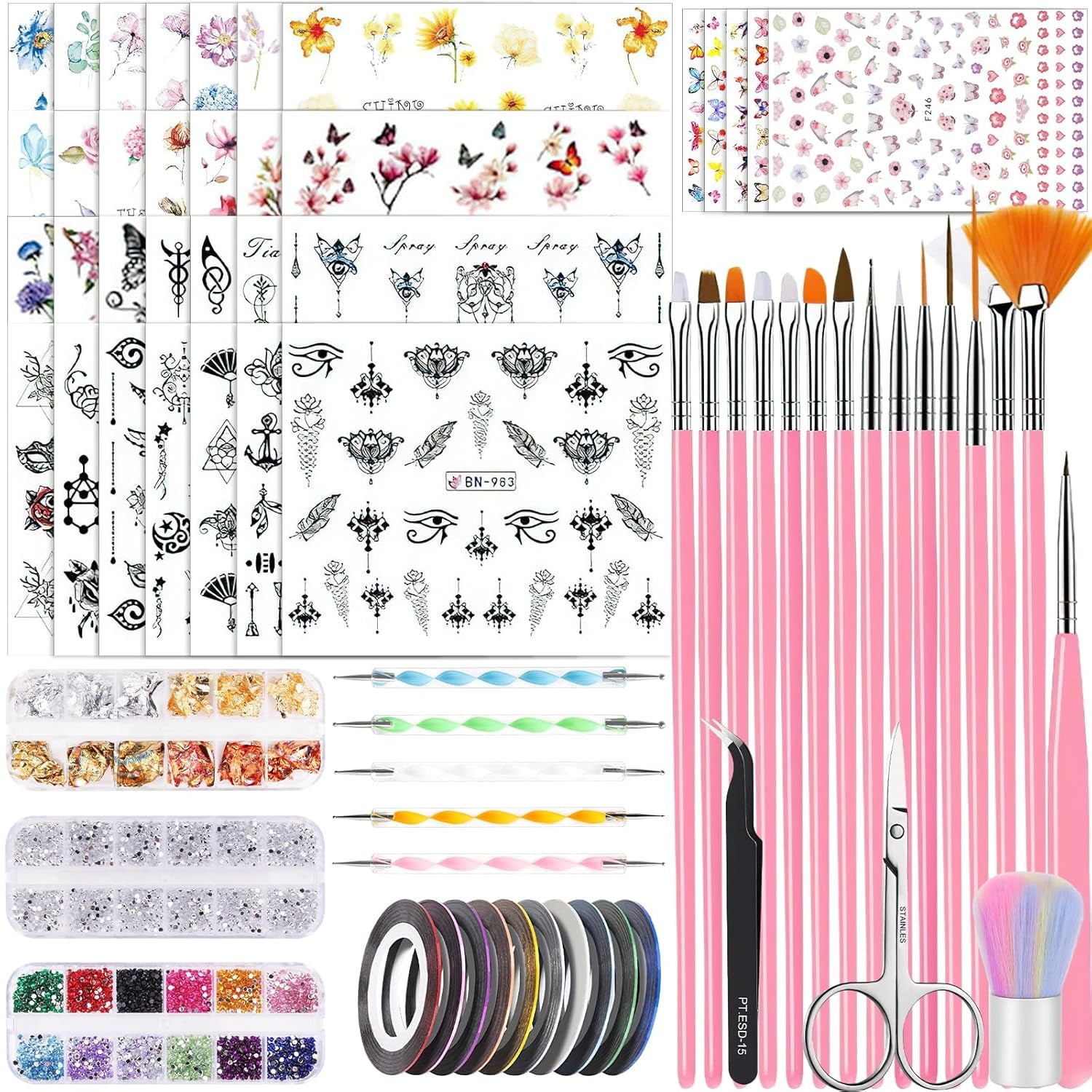 53 Blätter Nagelsticker, Set di pinsel e decorazioni per nail art, 15 pinsel, 5 penne a pois, Strasssteine, Blattgold Für Nagelkunst, Nagel Pailletten, Nagelkunstwerkzeuge e Dekorationssets