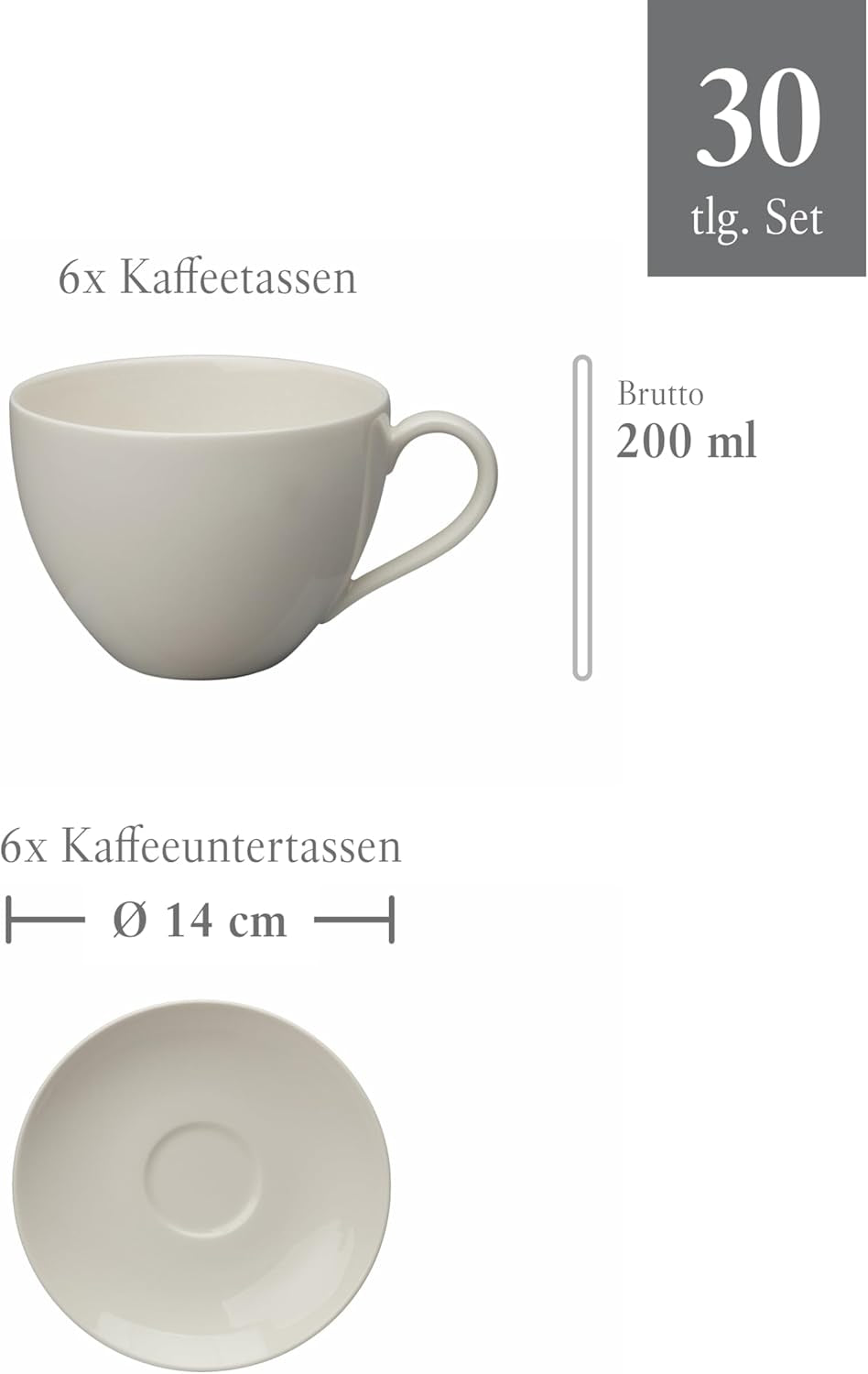 vivo - Villeroy & Boch Group - Servizio da tavola Basic White da 30 pezzi, lavabile in lavastoviglie e adatto al microonde, Servizio da tavola bianco, Servizio da caffè, Ceramica, Piatti, Tazze, Porcellana Premium