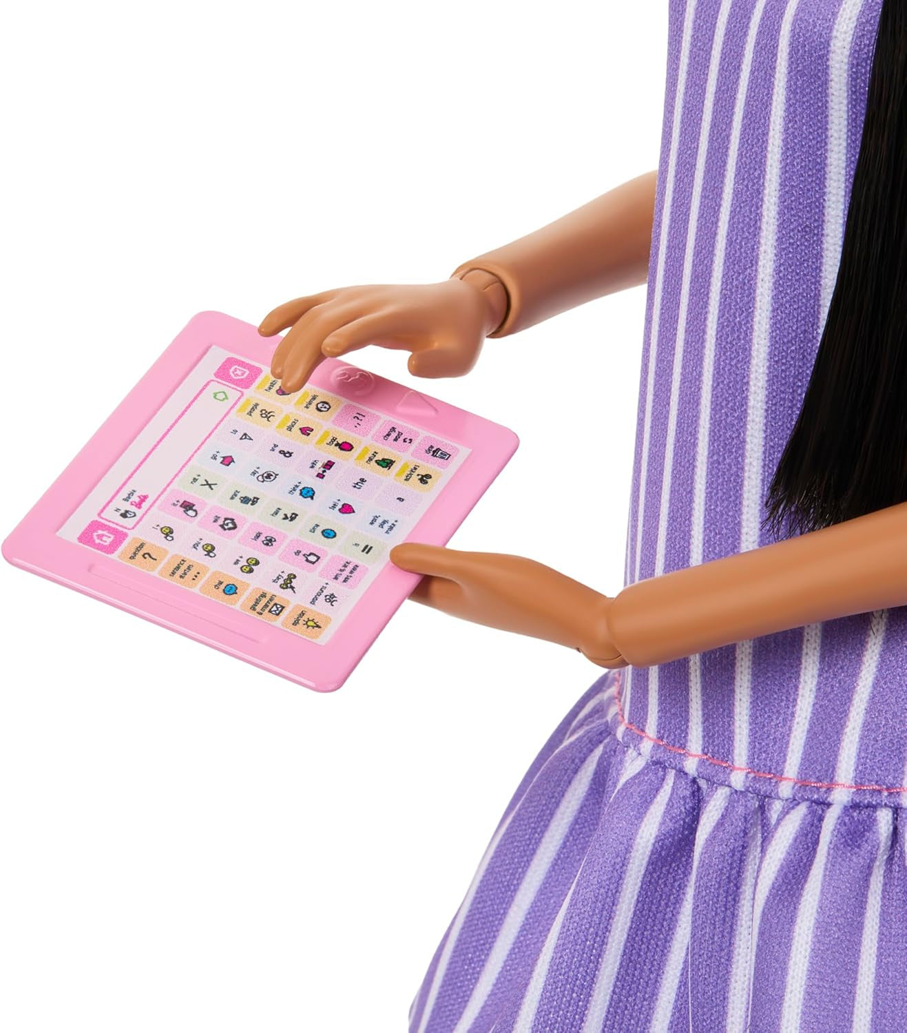 Bambola Barbie Fashionistas n. 245, bambola autistica con vestito a righe viola e accessori come fidget spinner, tablet e cuffie, JJN58